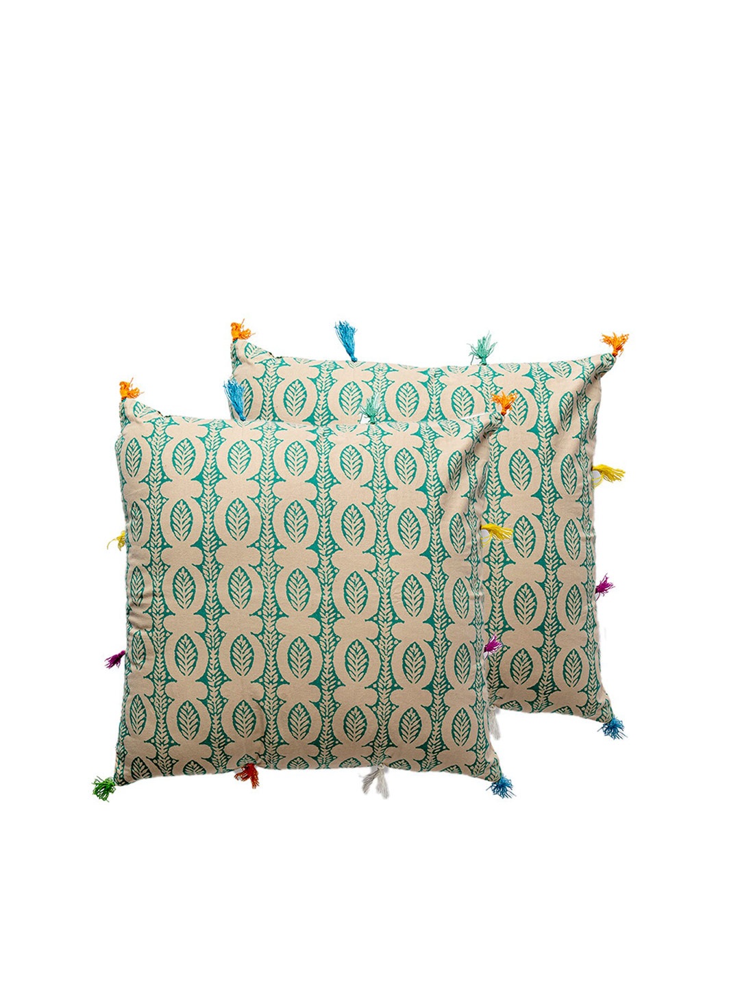 

Contrast Living Beige & Green 2 Pieces Ethnic Motifs Printed Cotton Square Cushion Covers