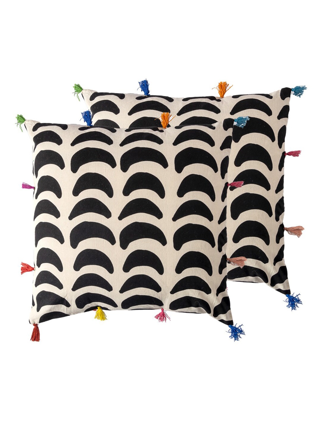 

Contrast Living Cream-Coloured & Black 2 Pieces Printed Square Cotton Cushion Covers