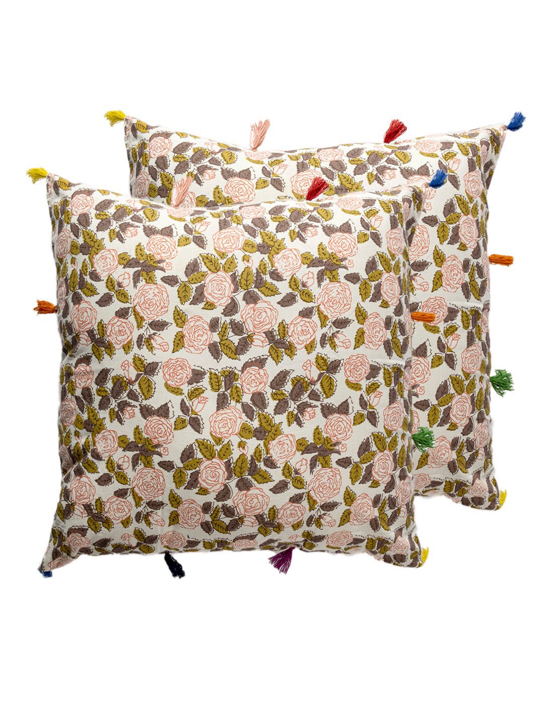 

Contrast Living Beige & Green 2 Pieces Floral Cotton Square Cushion Covers