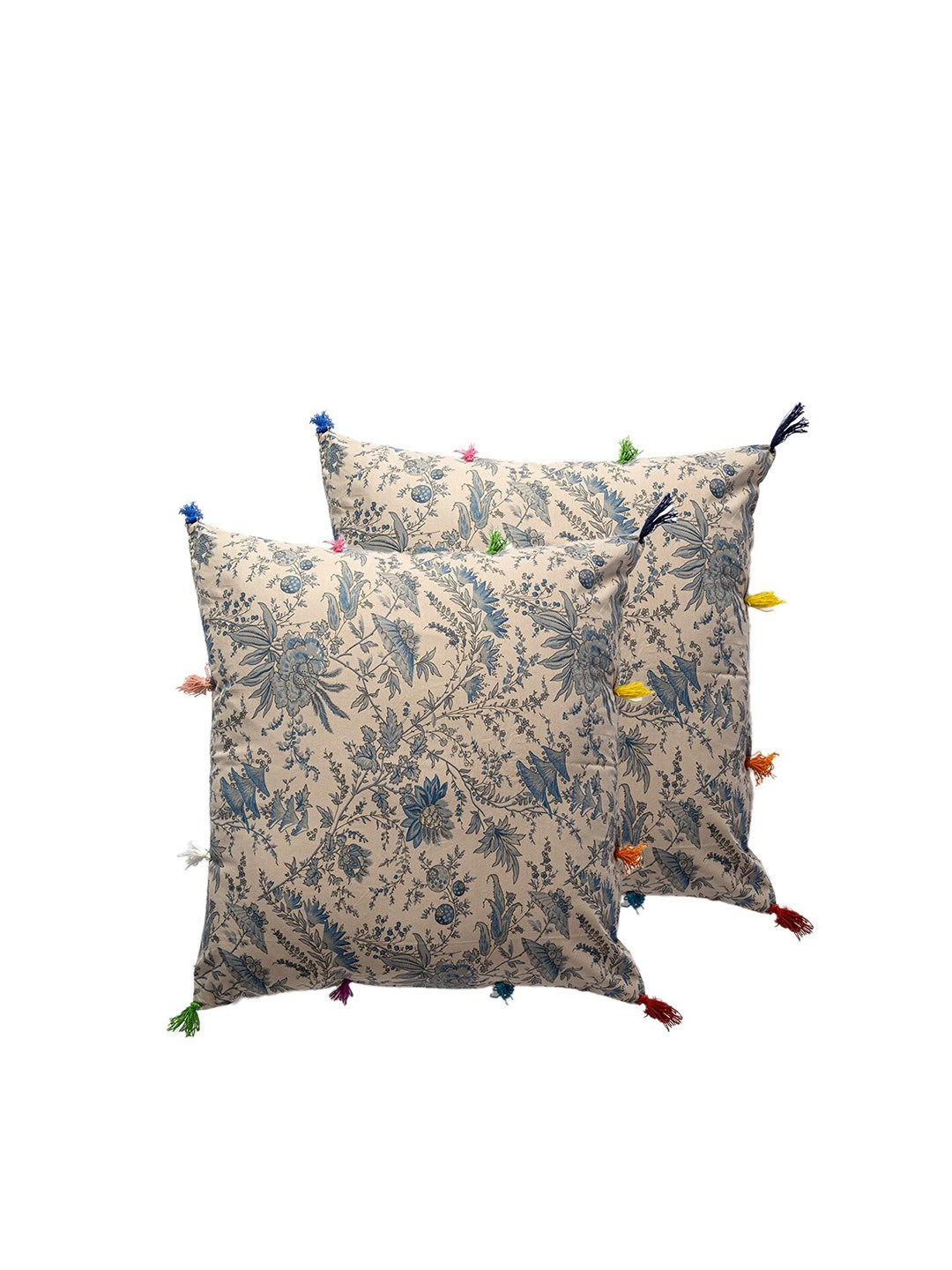 

Contrast Living Blue & Beige 2 Pieces Floral Cotton Square Cushion Covers