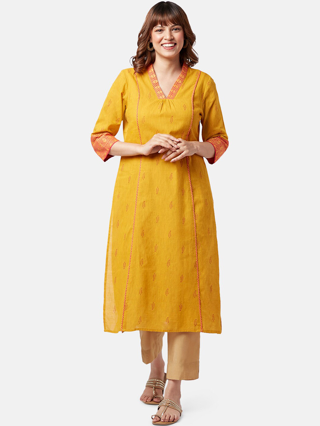 

YU by Pantaloons Floral Printed V-Neck Pure Cotton Kurta, Mustard