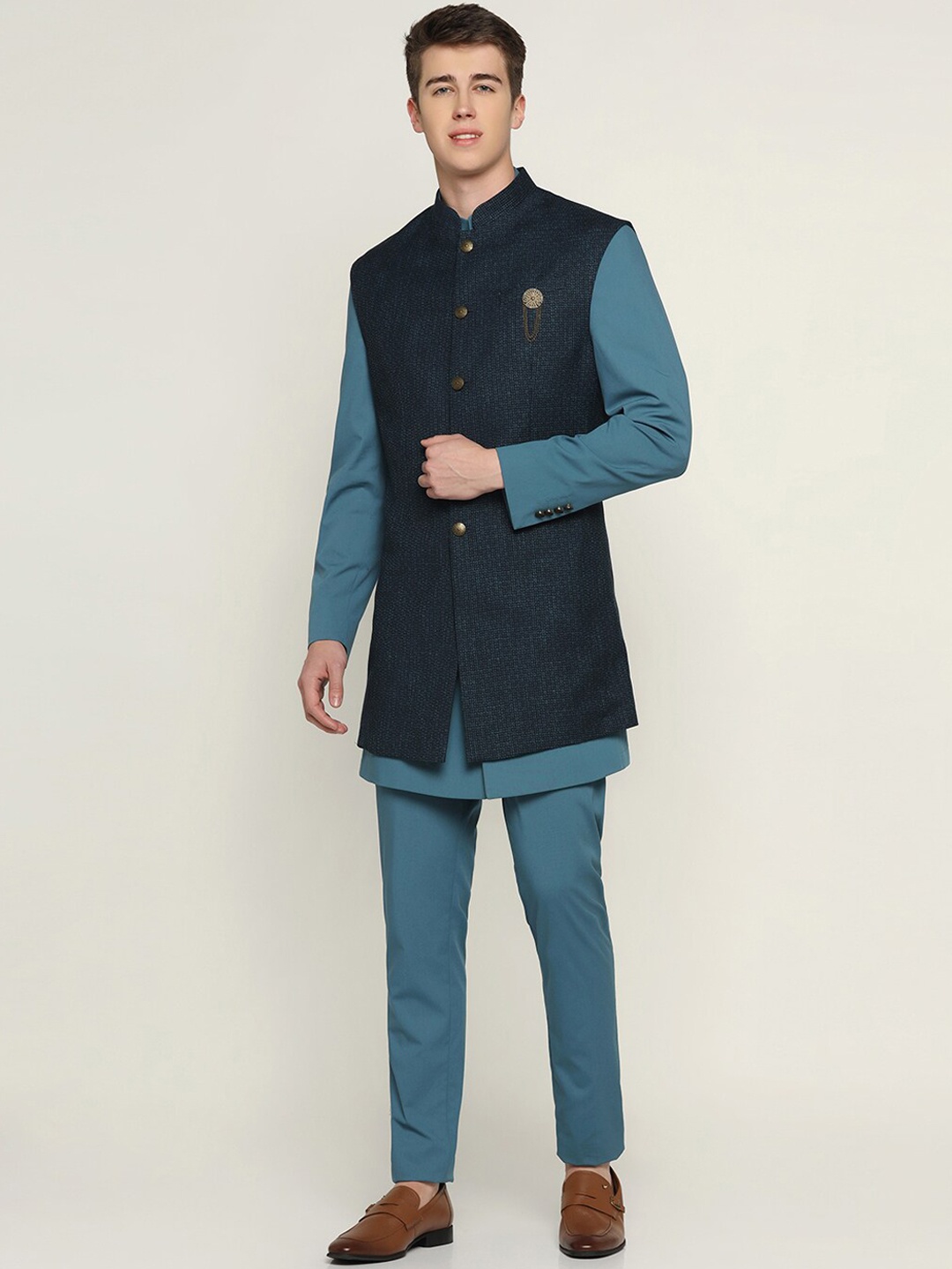 

Blackberrys Woven-Designed Slim-Fit Single-Breasted Longline Bandhgala Two-Piece Suit, Blue