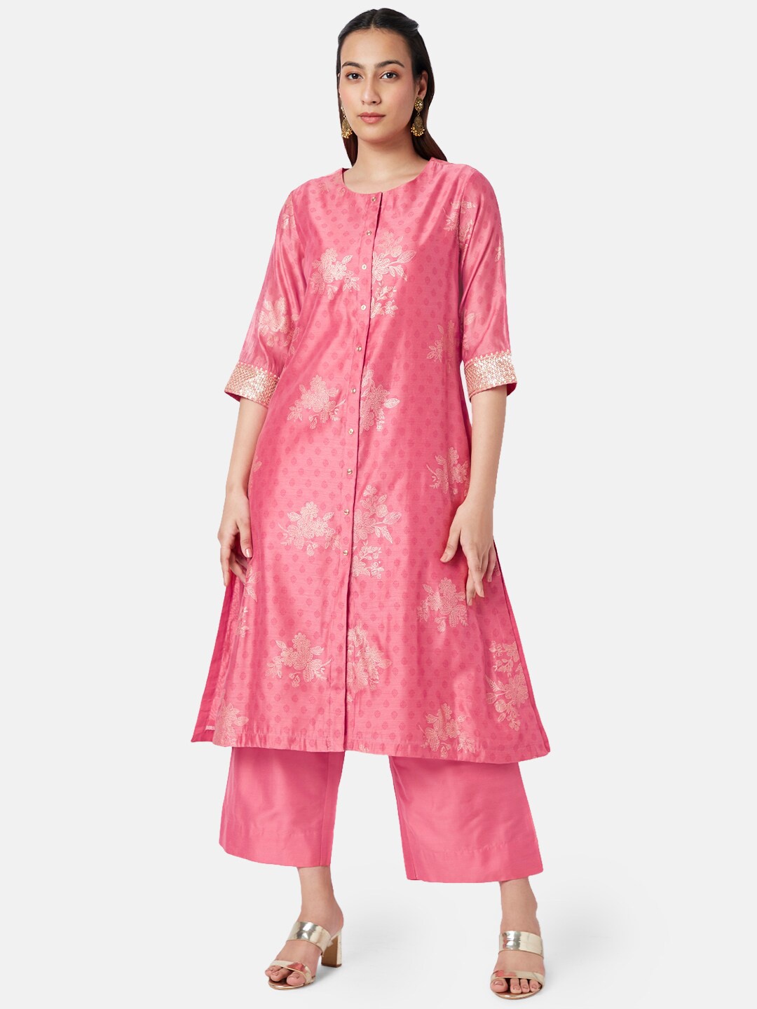 

RANGMANCH BY PANTALOONS Floral Printed Chanderi Silk Kurta with Palazzos & With Dupatta, Pink