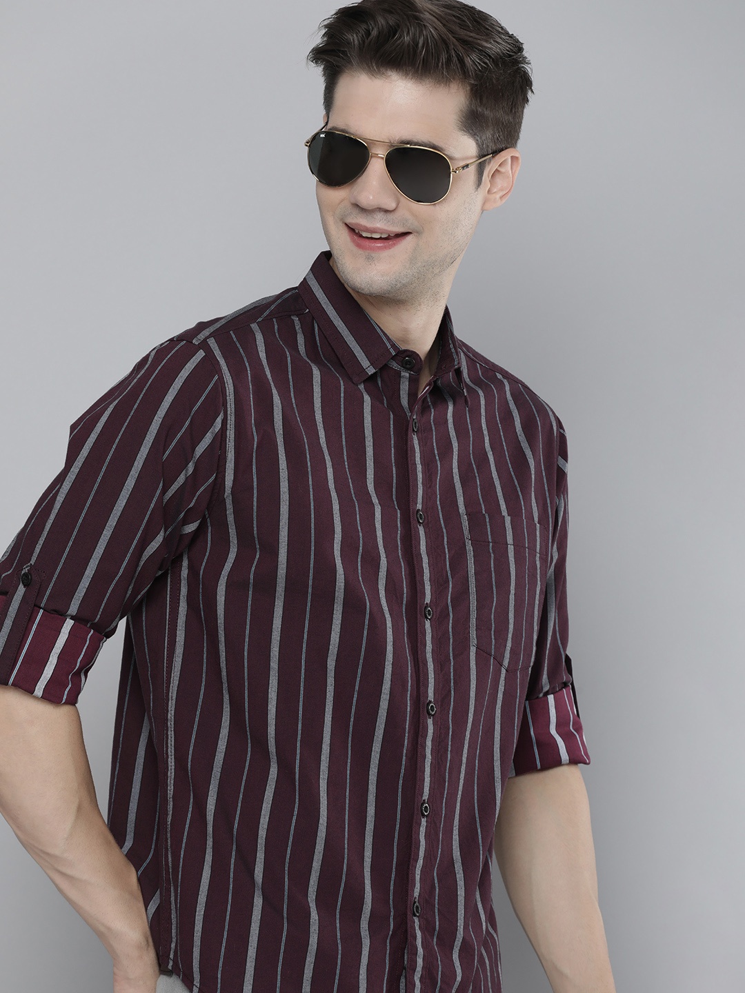 

HERE&NOW Men Slim Fit Striped Casual Shirt, Maroon