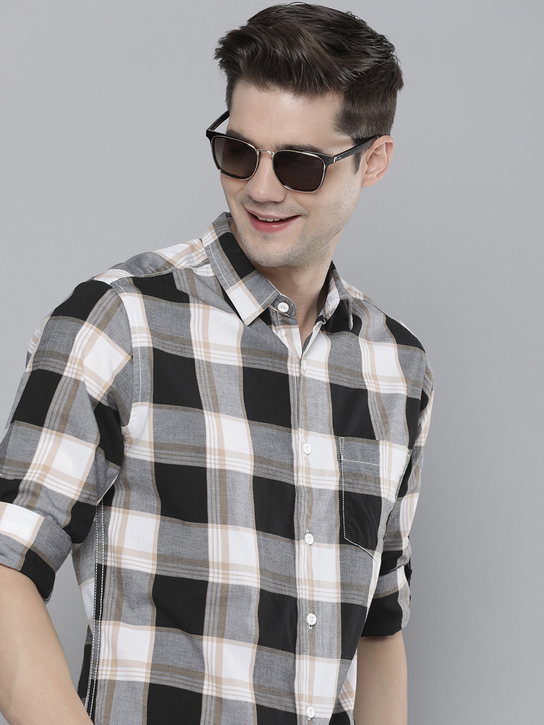 

HERE&NOW Men Slim Fit Opaque Checked Casual Shirt, Black