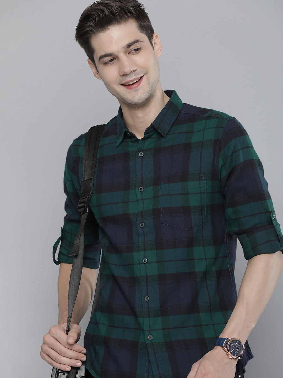 

HERE&NOW Men Slim Fit Opaque Checked Casual Shirt, Green