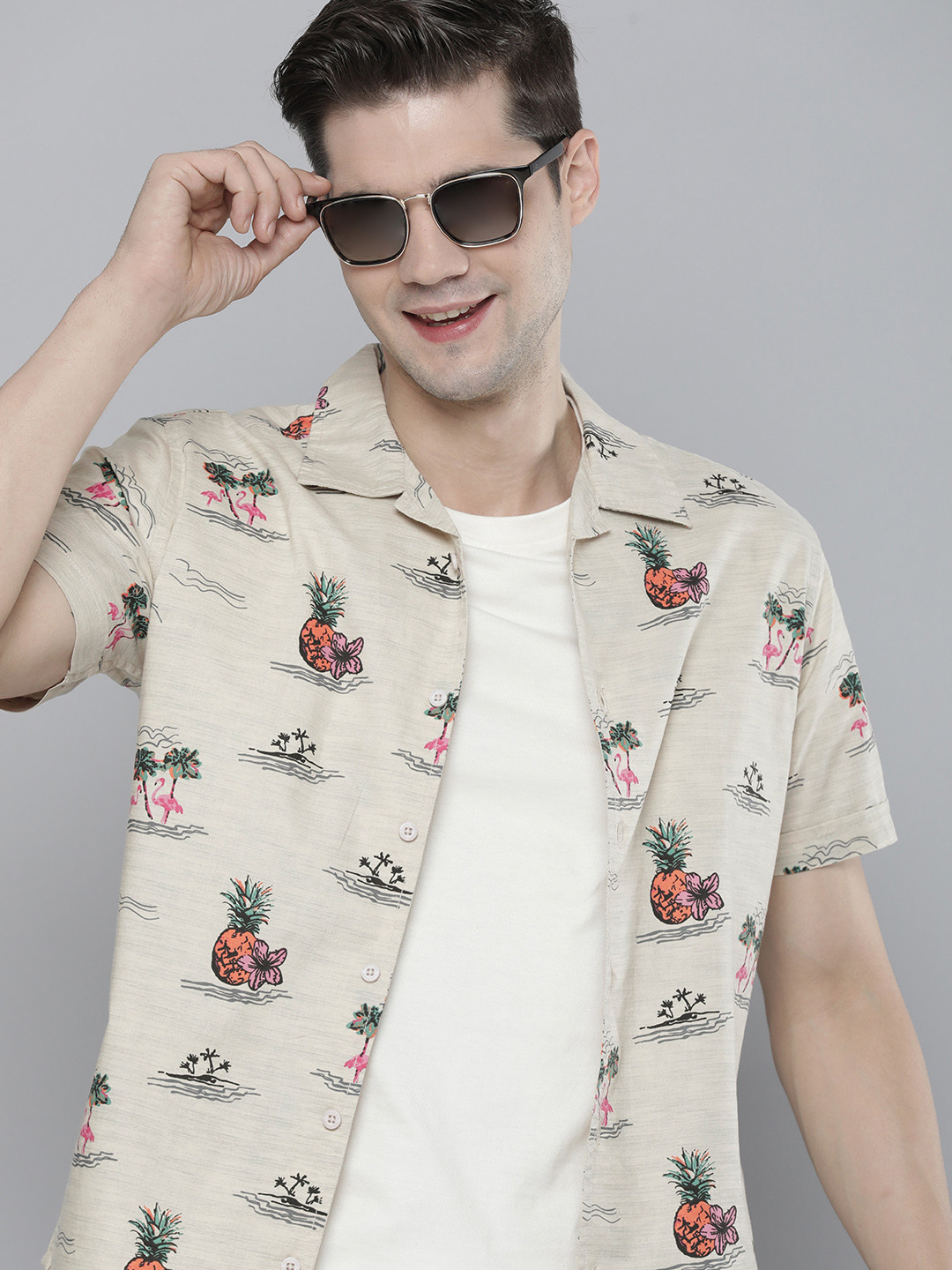 

HERE&NOW Men Slim Fit Opaque Printed Casual Shirt, Brown