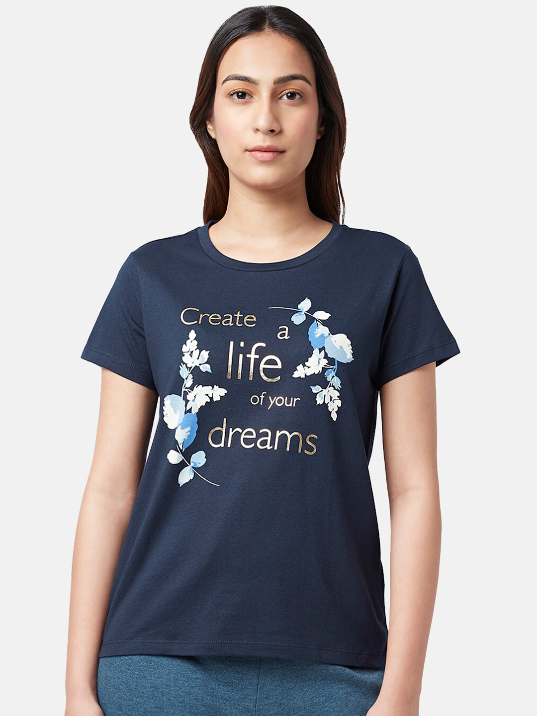

Dreamz by Pantaloons Typography Printed Cotton Lounge Tshirt, Navy blue