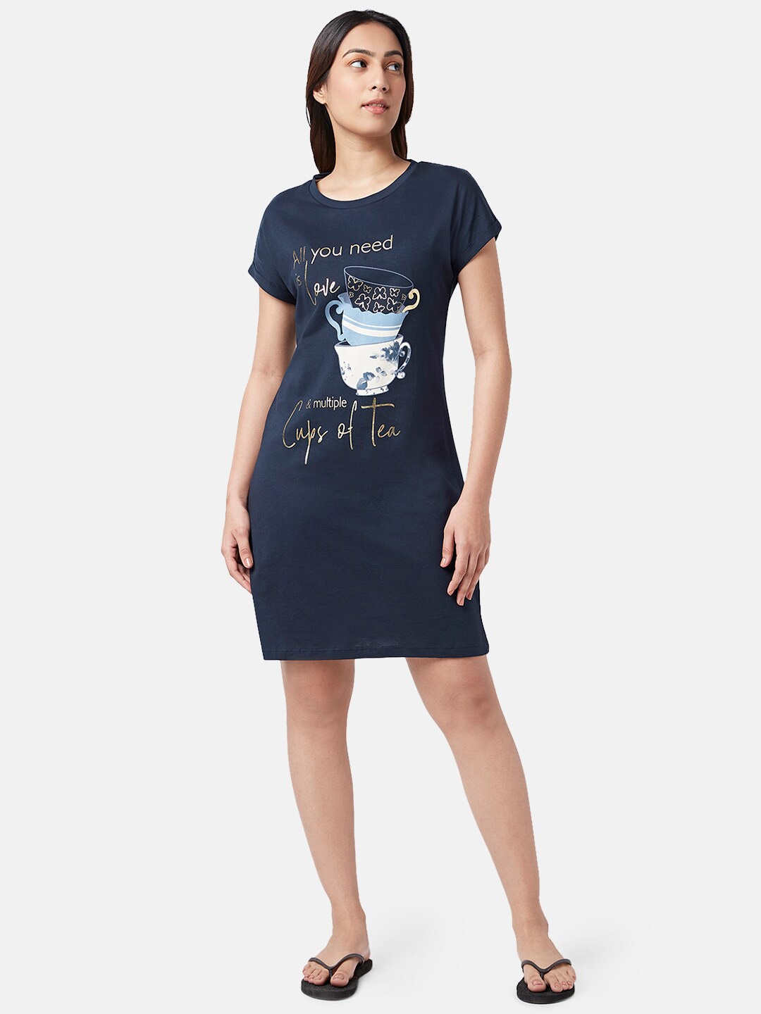 

Dreamz by Pantaloons Graphic Printed Pure Cotton Nightdress, Navy blue