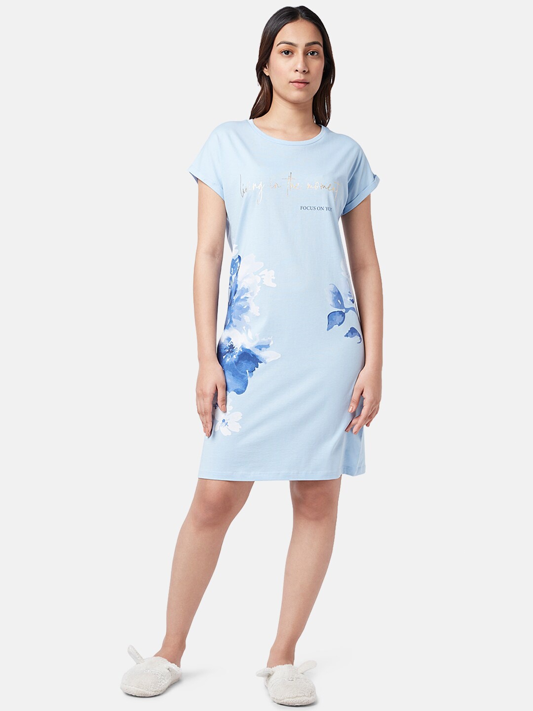 

Dreamz by Pantaloons Floral Printed Pure Cotton Nightdress, Blue