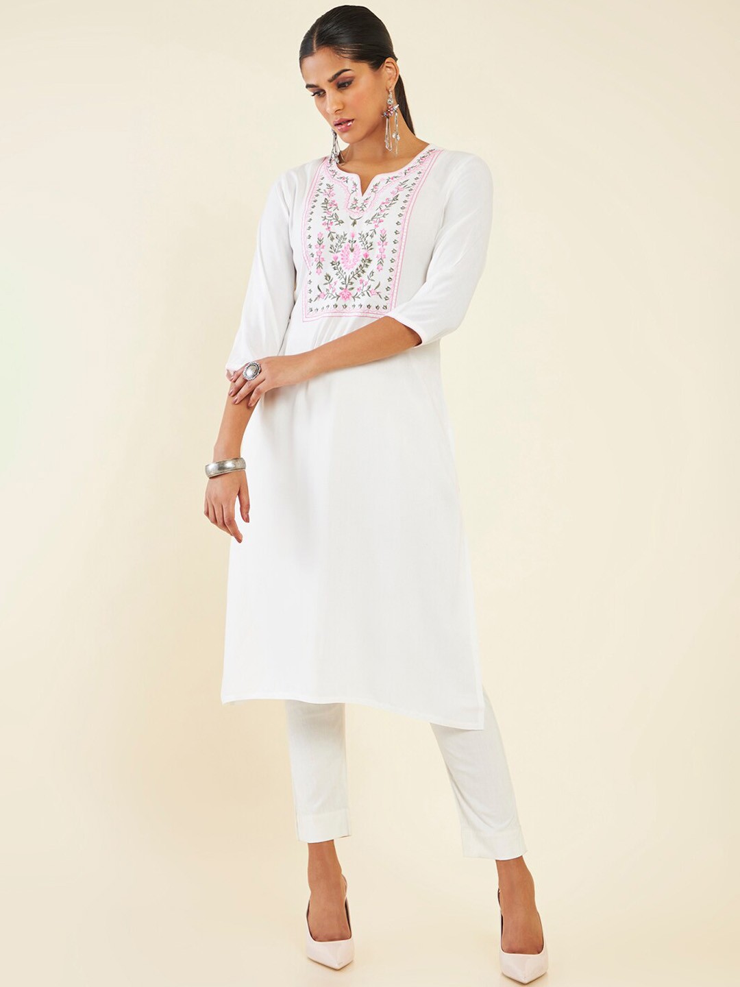 

Soch Floral Yoke Design Thread Work Kurta, White