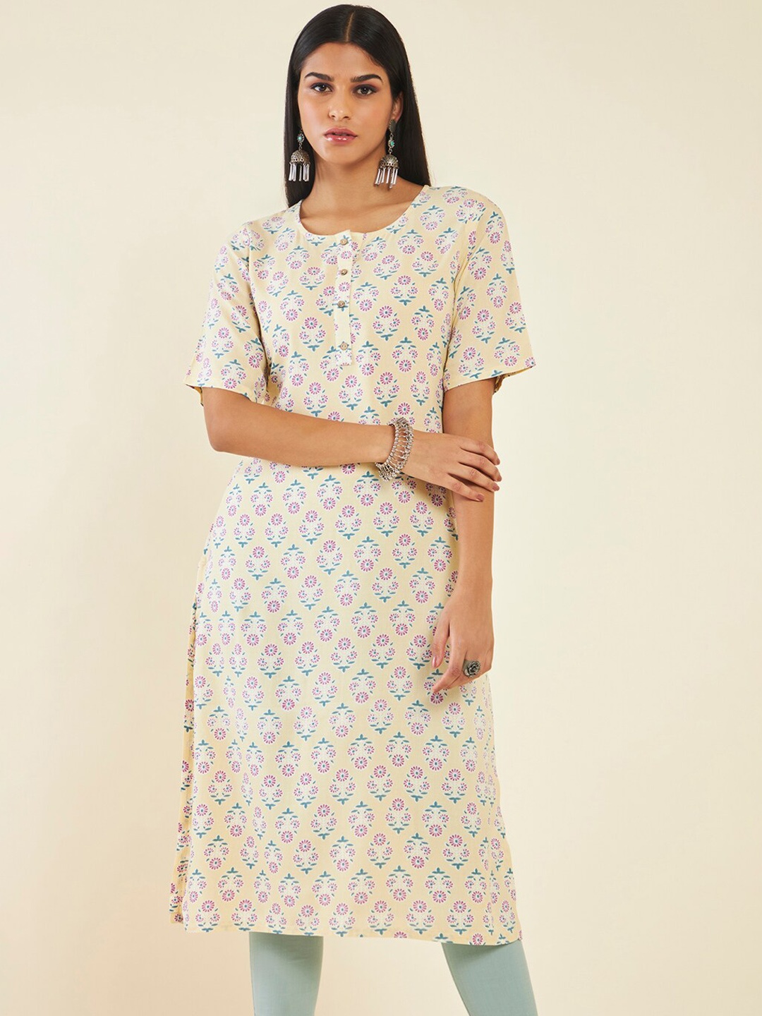 

Soch Floral Printed Round Neck Straight Kurta, Yellow