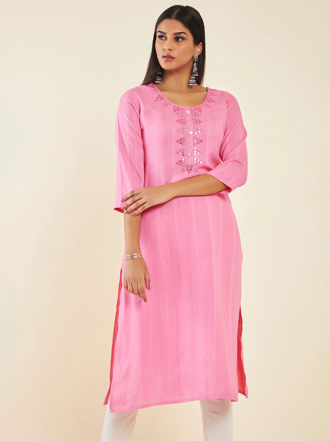 Soch Striped Mirror Work Straight Kurta, Pink