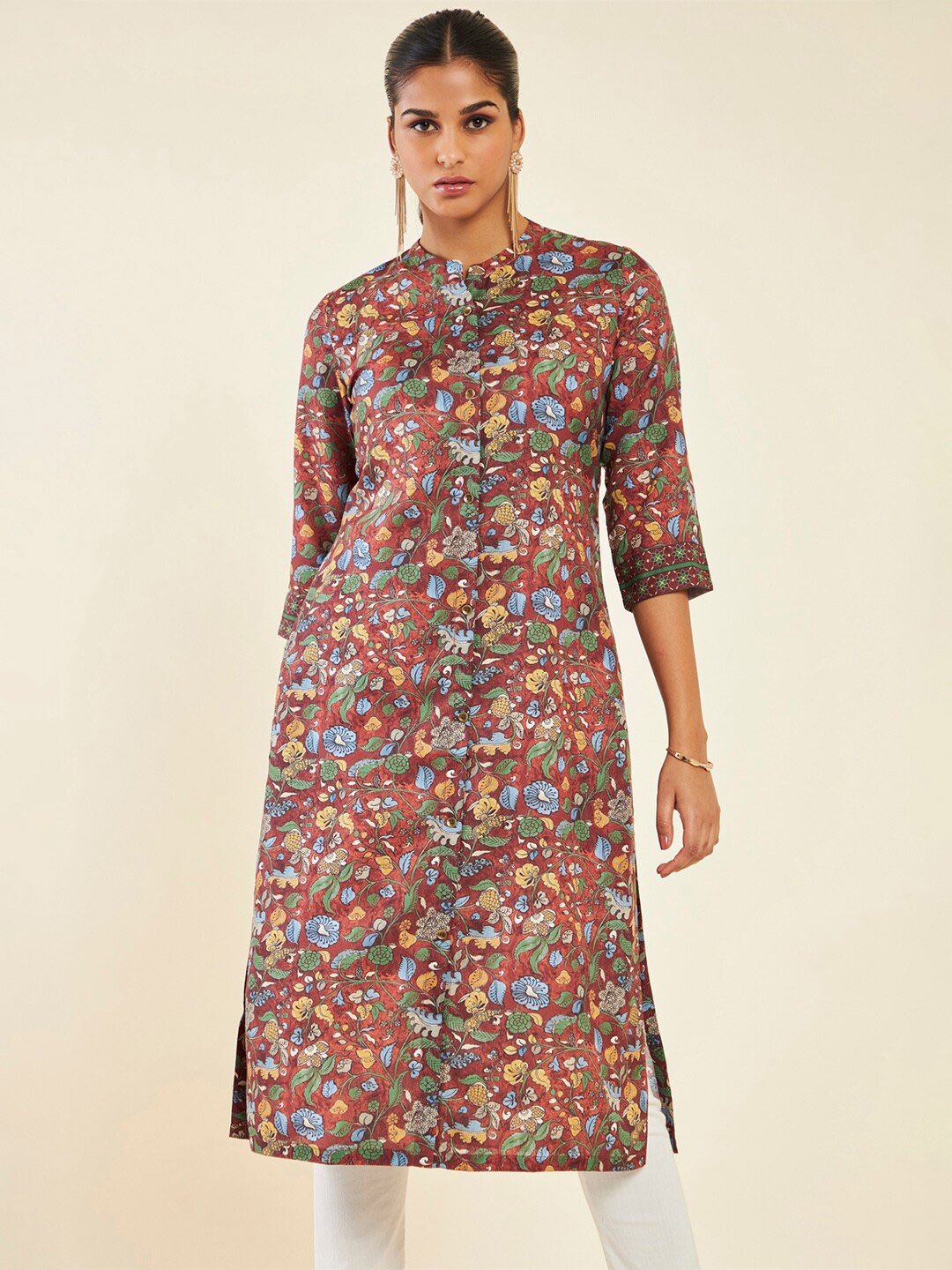 

Soch Mandarin Collar Floral Printed Straight Kurta, Maroon