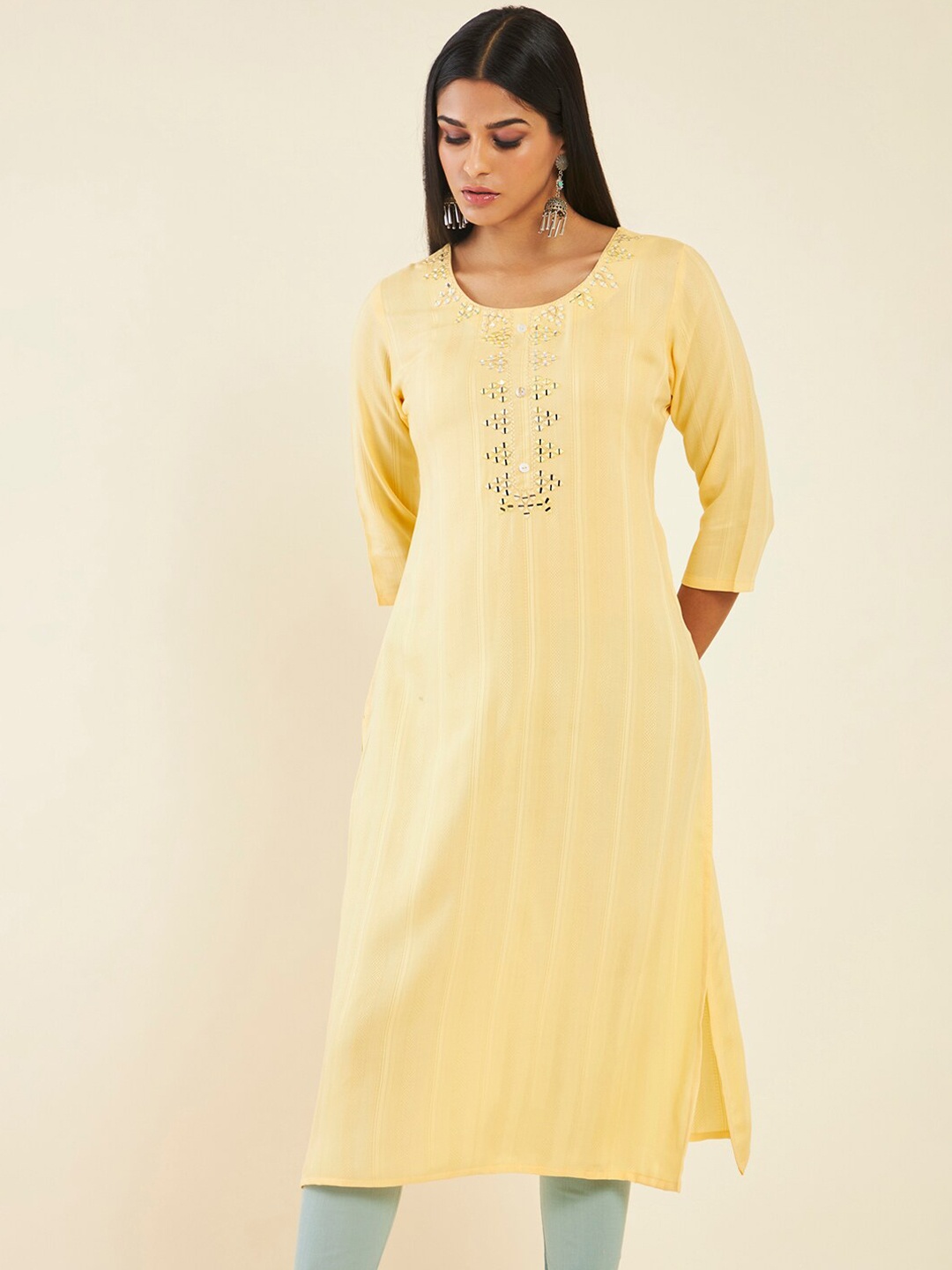 

Soch Striped Mirror Work Straight Kurta, Yellow