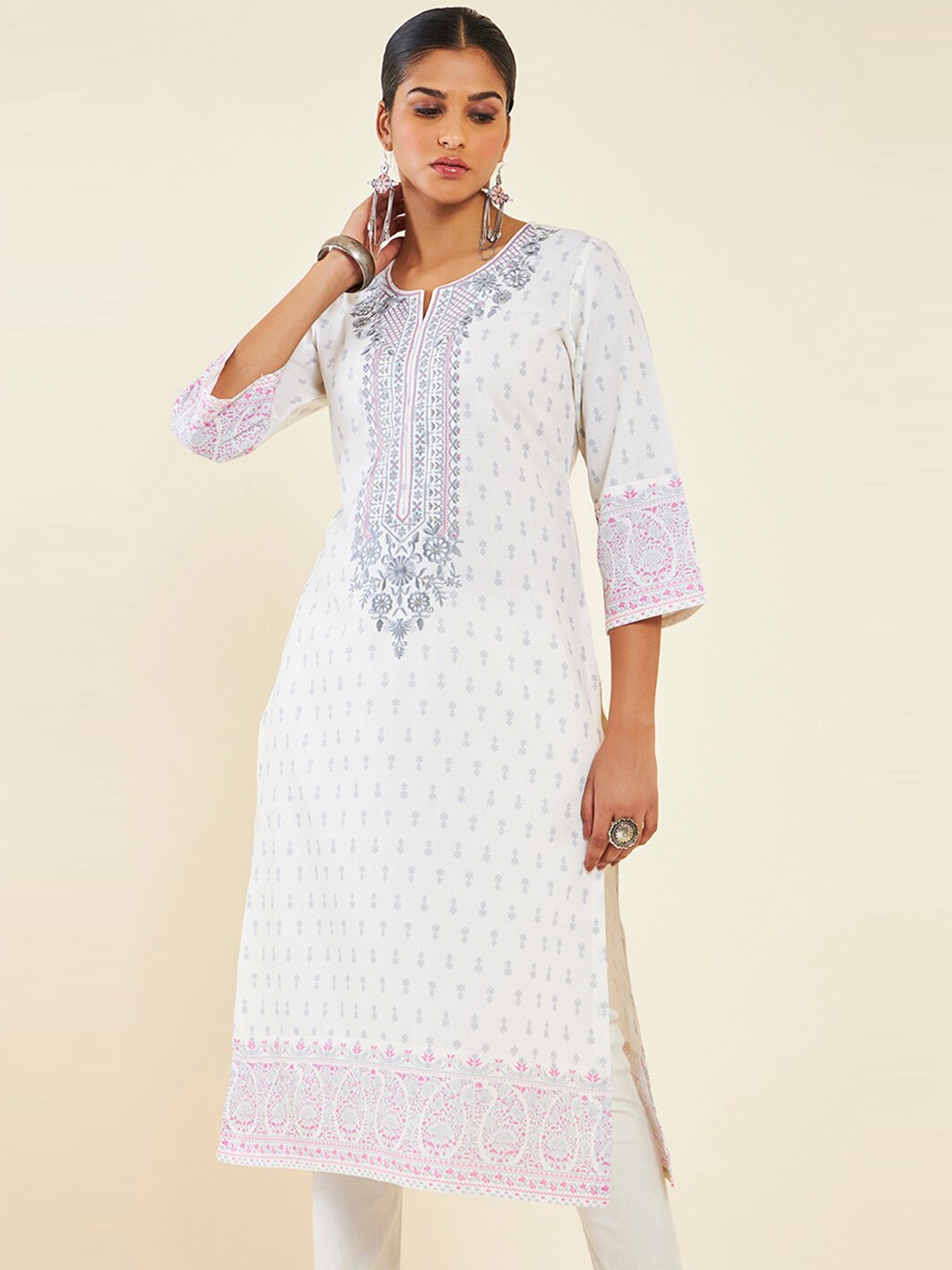 

Soch Notched Neck Ethnic Motifs Embroidered Straight Kurta, White