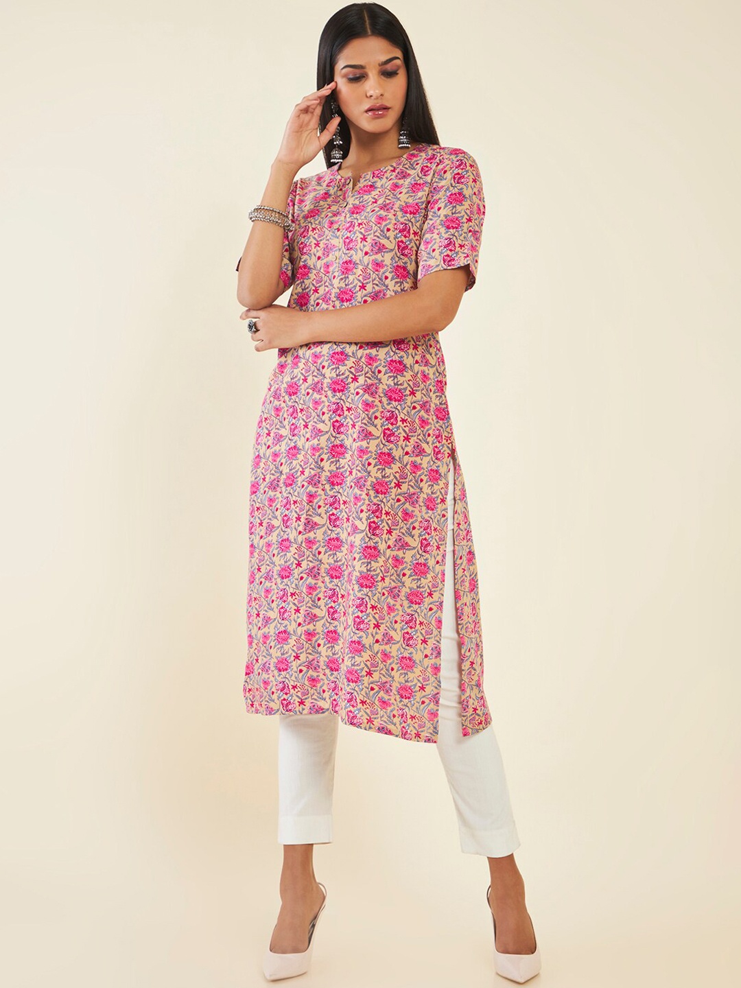 

Soch Floral Printed Straight Kurta, Beige