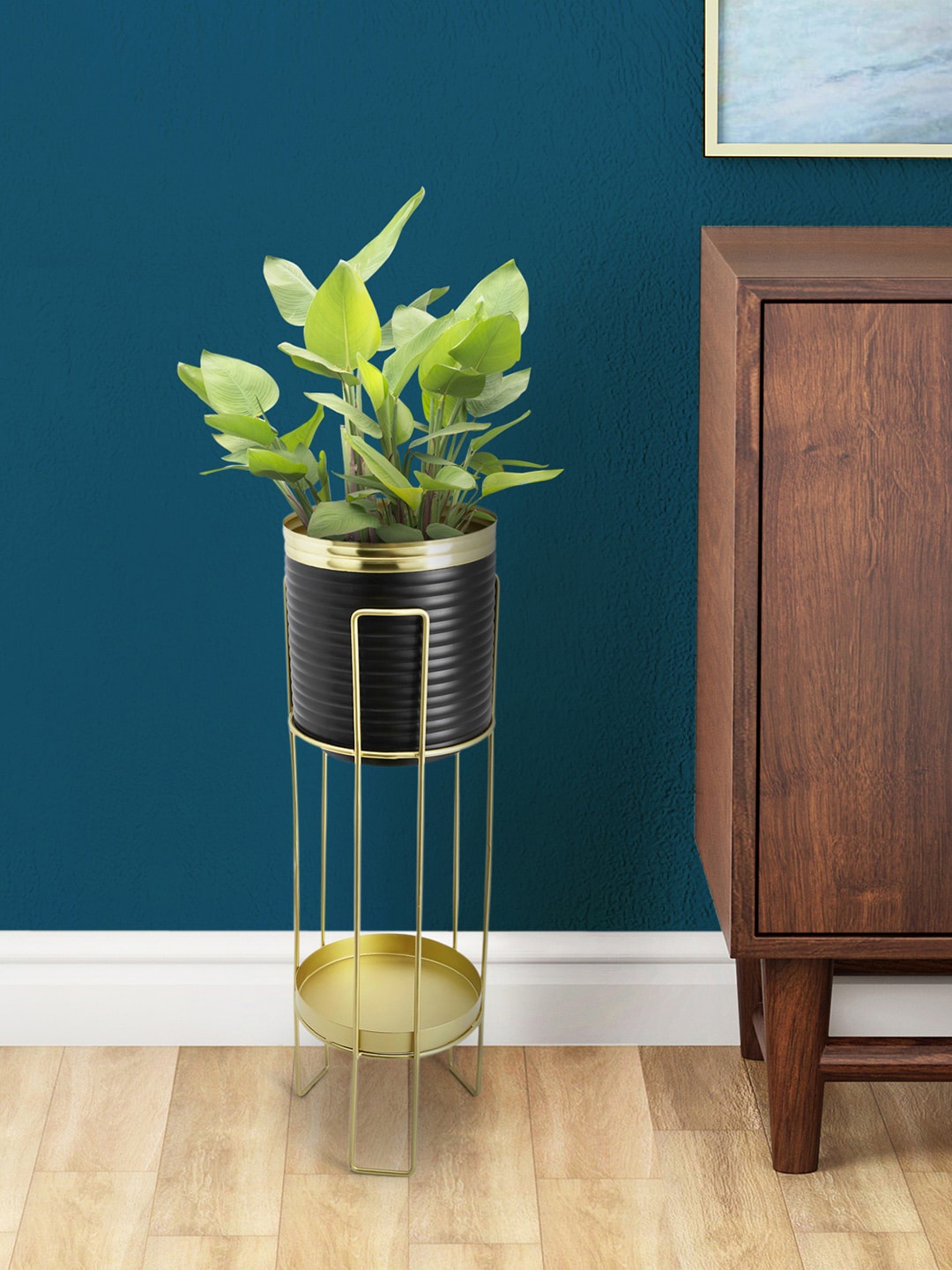 

Living scapes by Pantaloons Black & Gold-Toned Textured Iron Planter With Stand