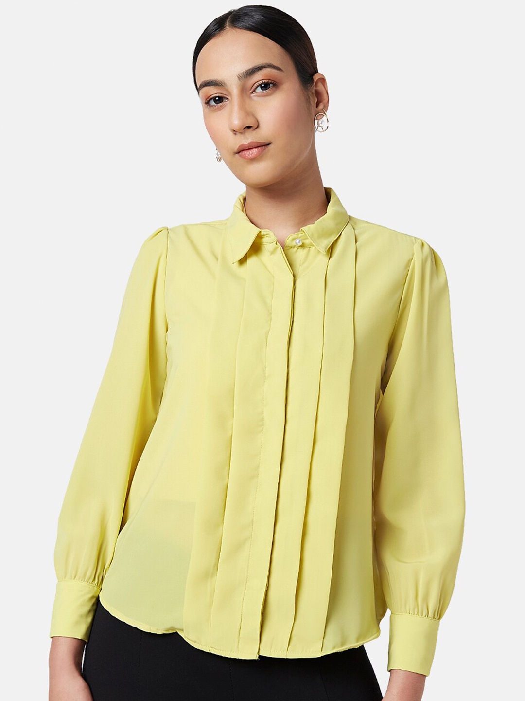 

Annabelle by Pantaloons Spread Collar Pleated Formal Shirt, Yellow