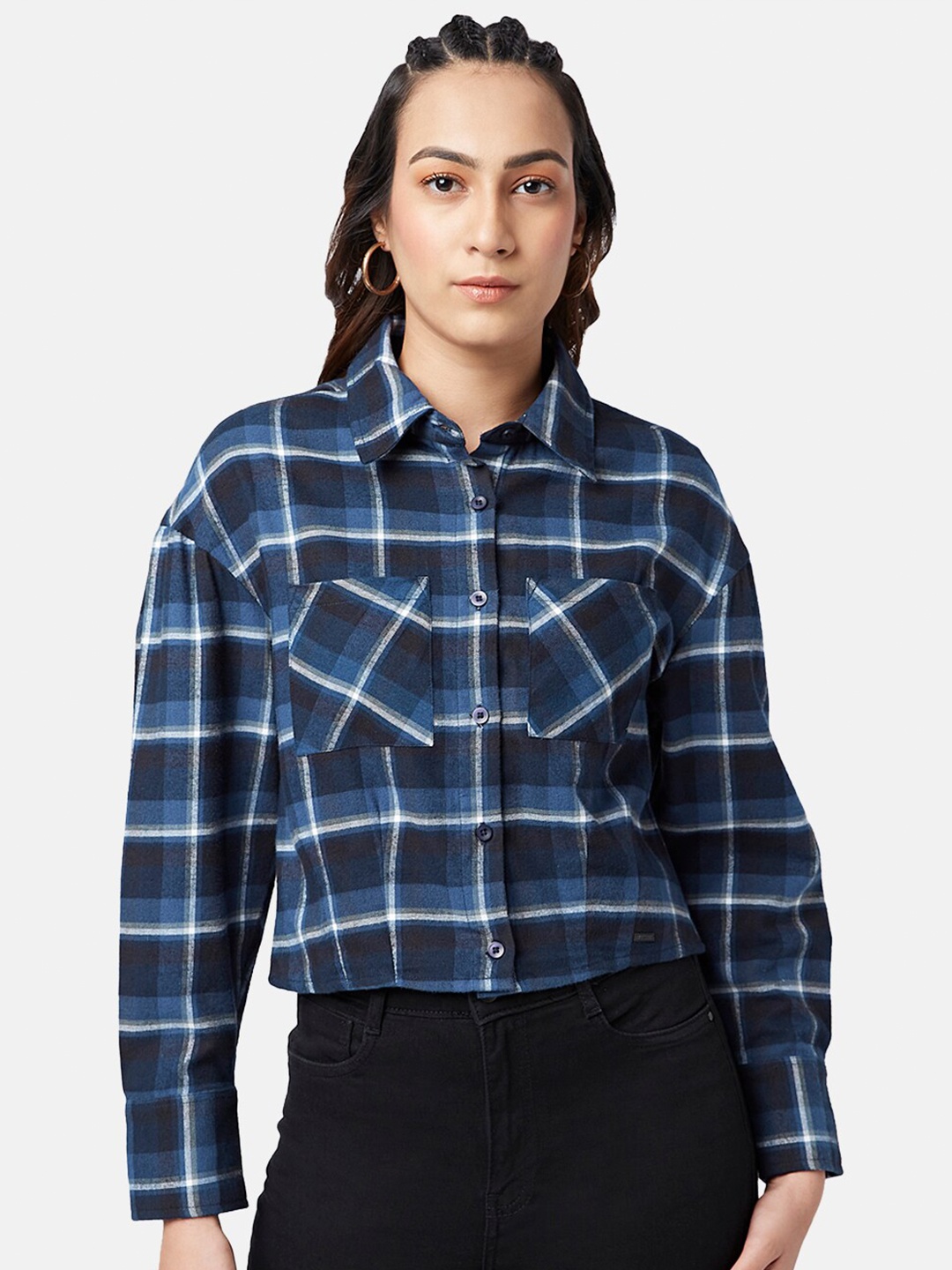 

SF JEANS by Pantaloons Checks Cotton Casual Shirt, Navy blue