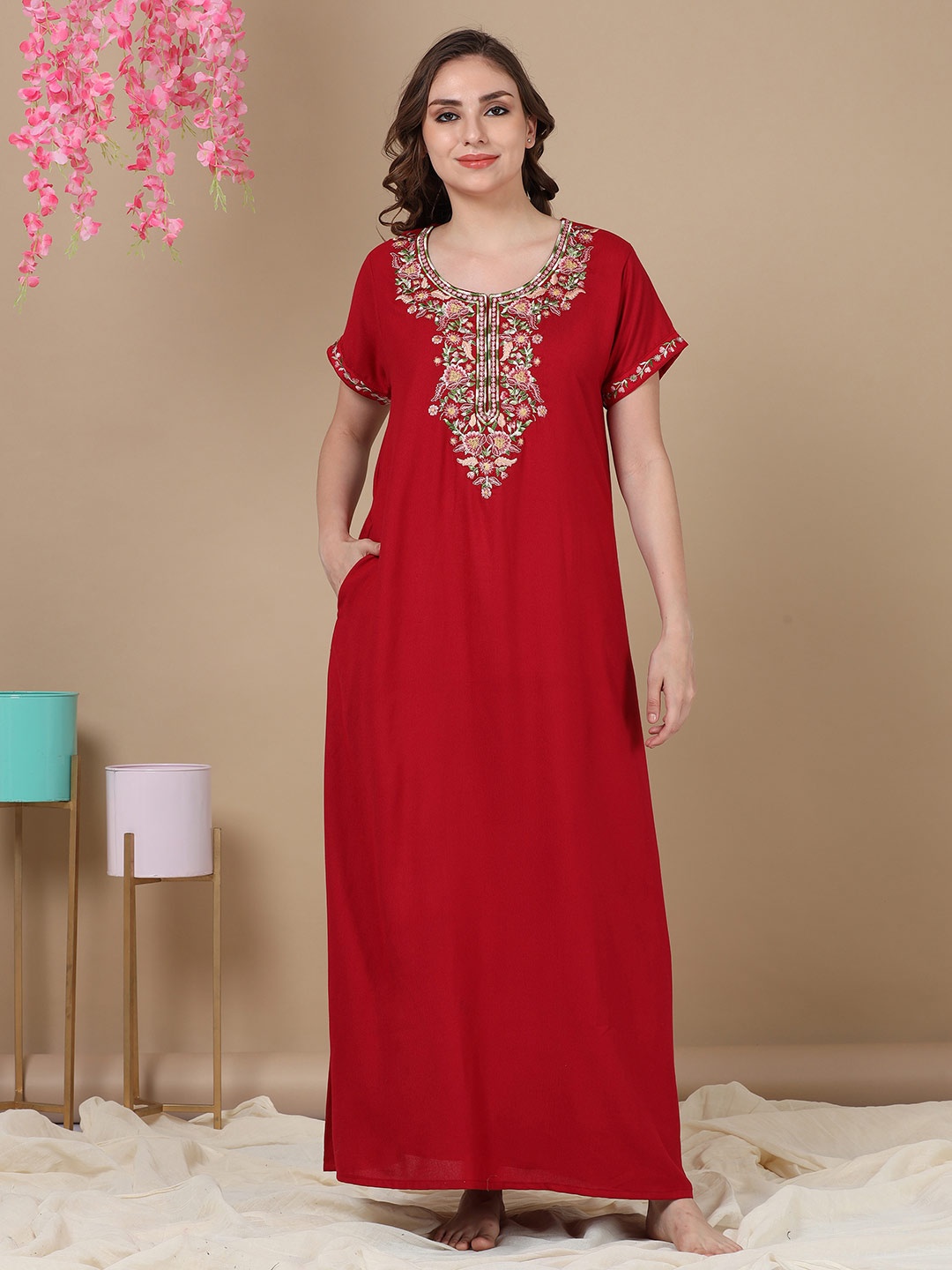 

9shines Label Ethnic Motifs Embroidered Maxi Nightdress, Maroon