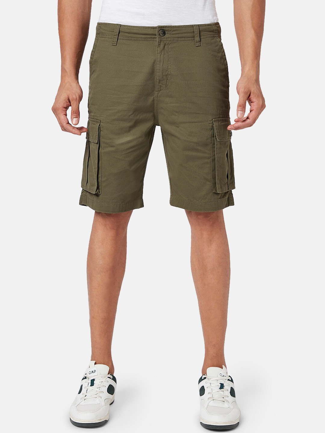 

People Men Pure Cotton Mid-Rise Shorts, Olive