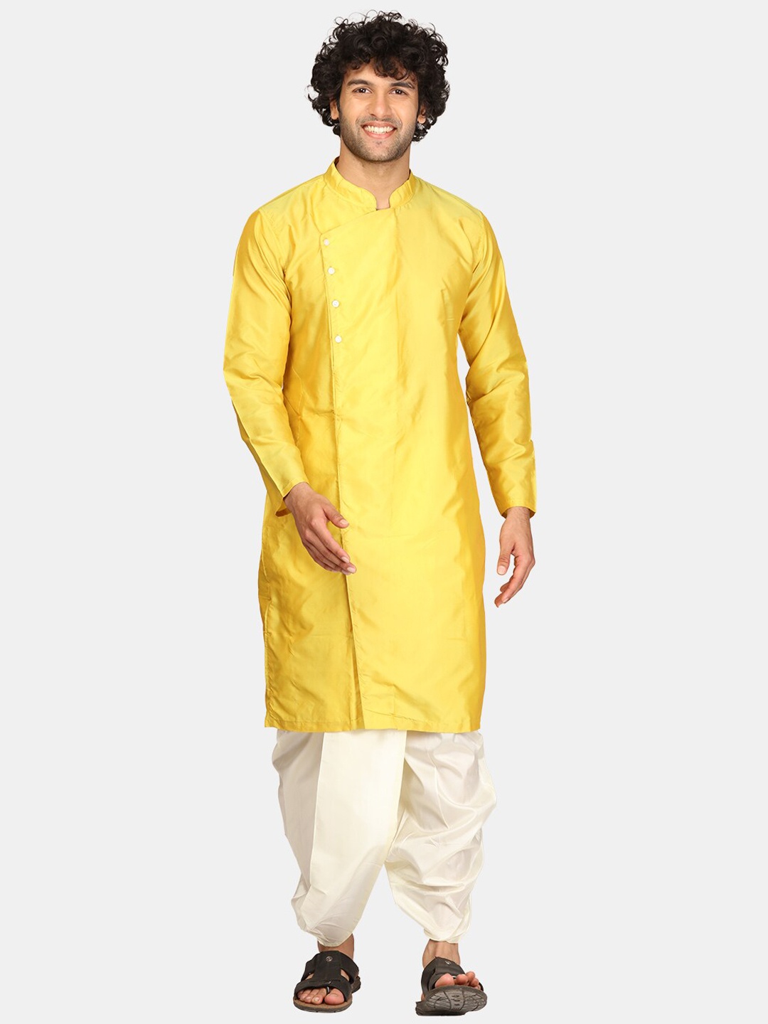 

Sethukrishna Mandarin Collar Angrakha Kurta with Dhoti Pants, Yellow