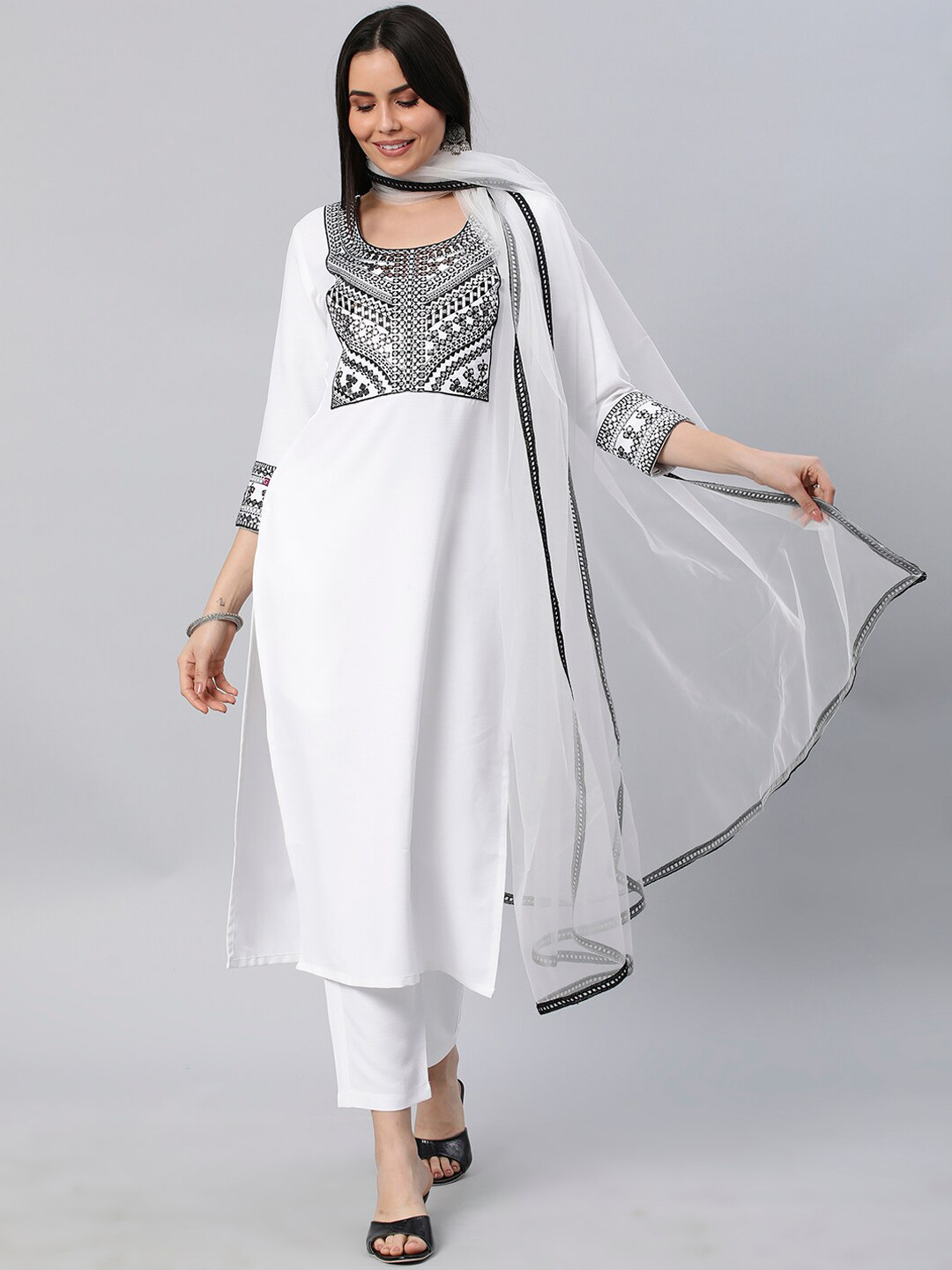 

KALINI Ethnic Motifs Embroidered Mirror Work Kurta with Trousers & Dupatta, White