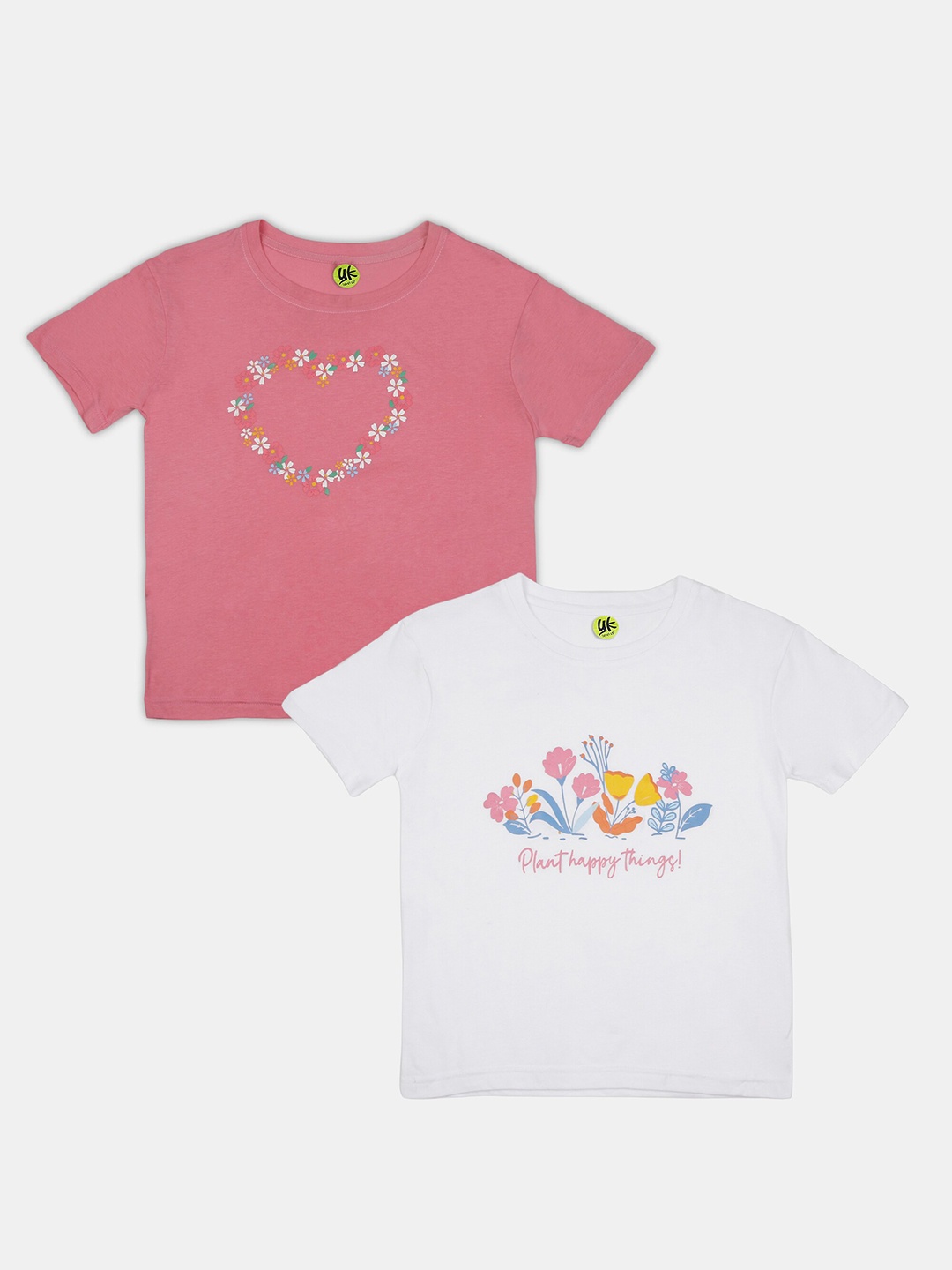 

YK Girls Pack of 2 Floral Printed Cotton T-shirts, Pink
