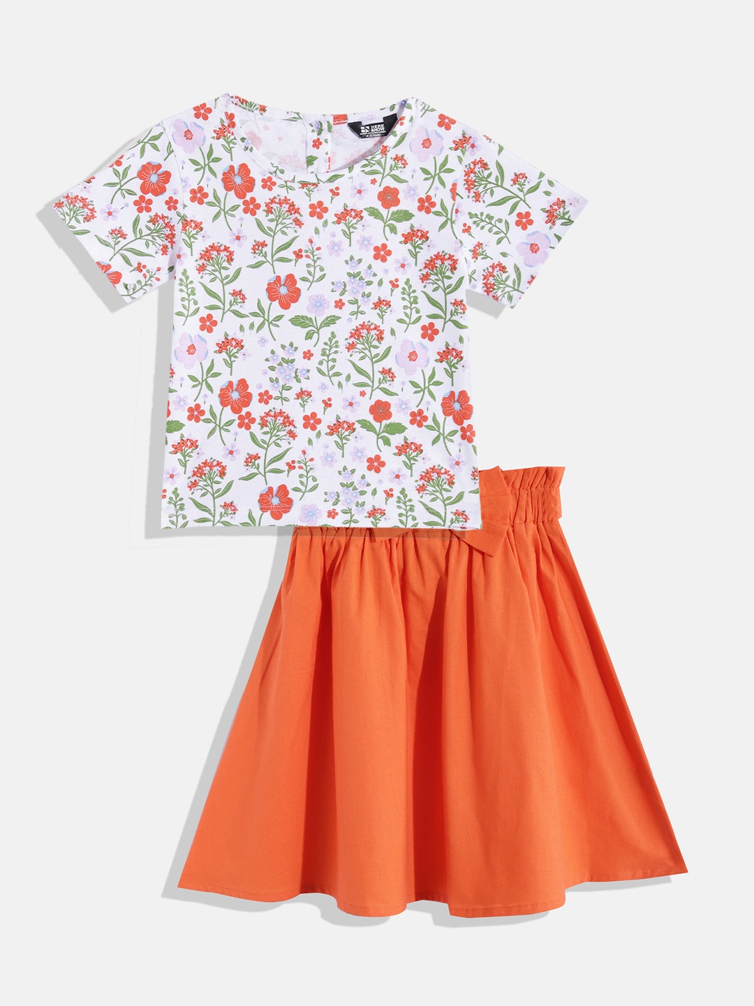

HERE&NOW Girls Printed Pure Cotton Top With Skirt, White