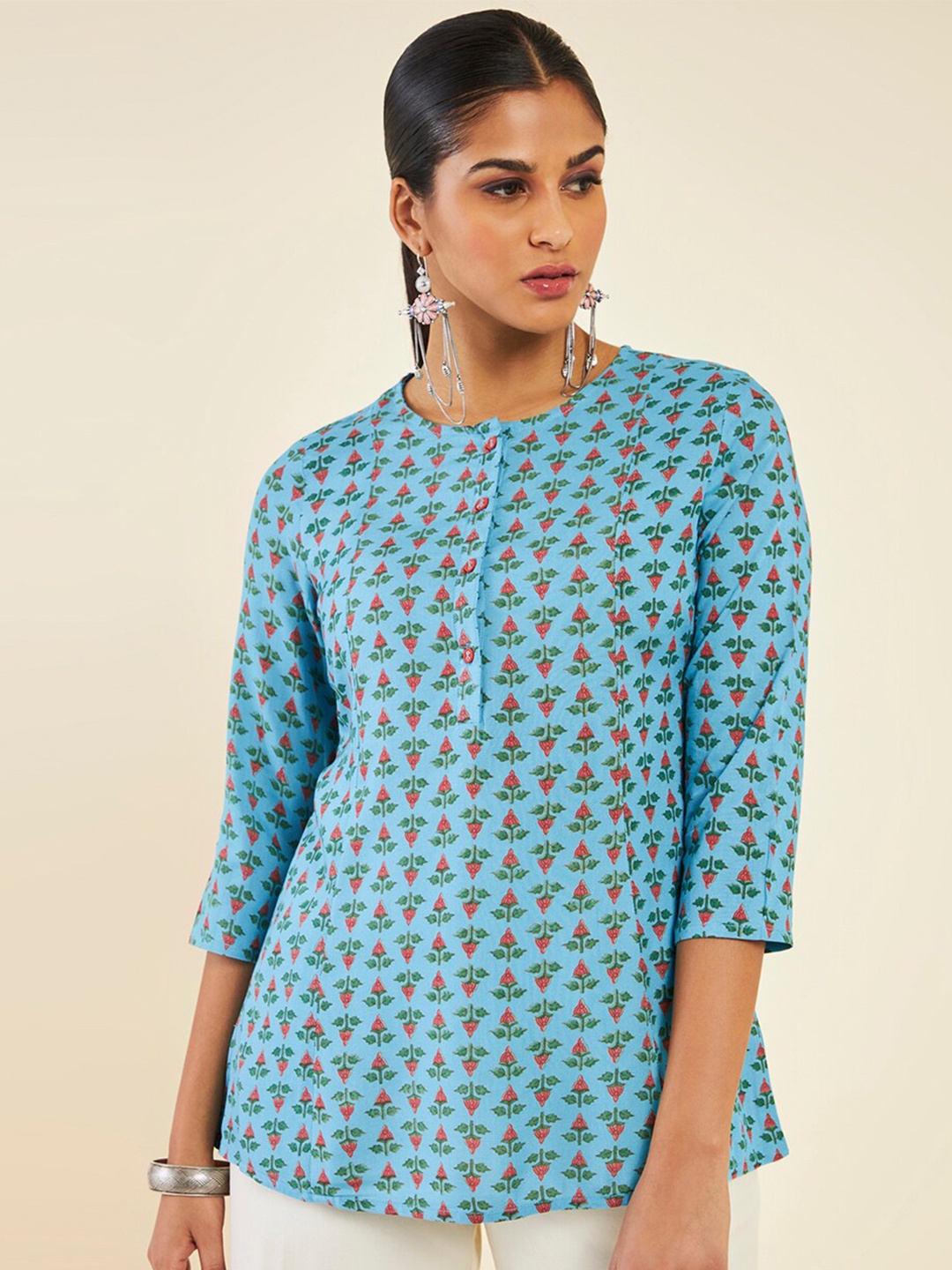 

Soch Ethnic Motifs Printed Round Neck Tunic, Turquoise blue
