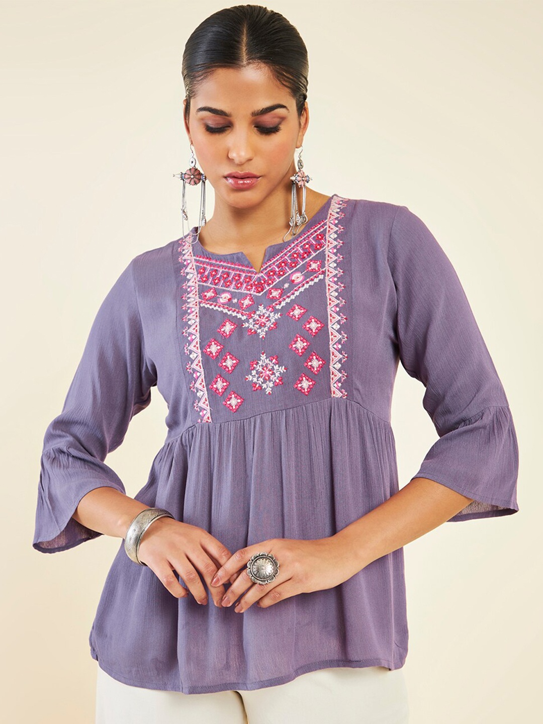 

Soch Embroidered Notch Neck Ethnic Tunic, Purple