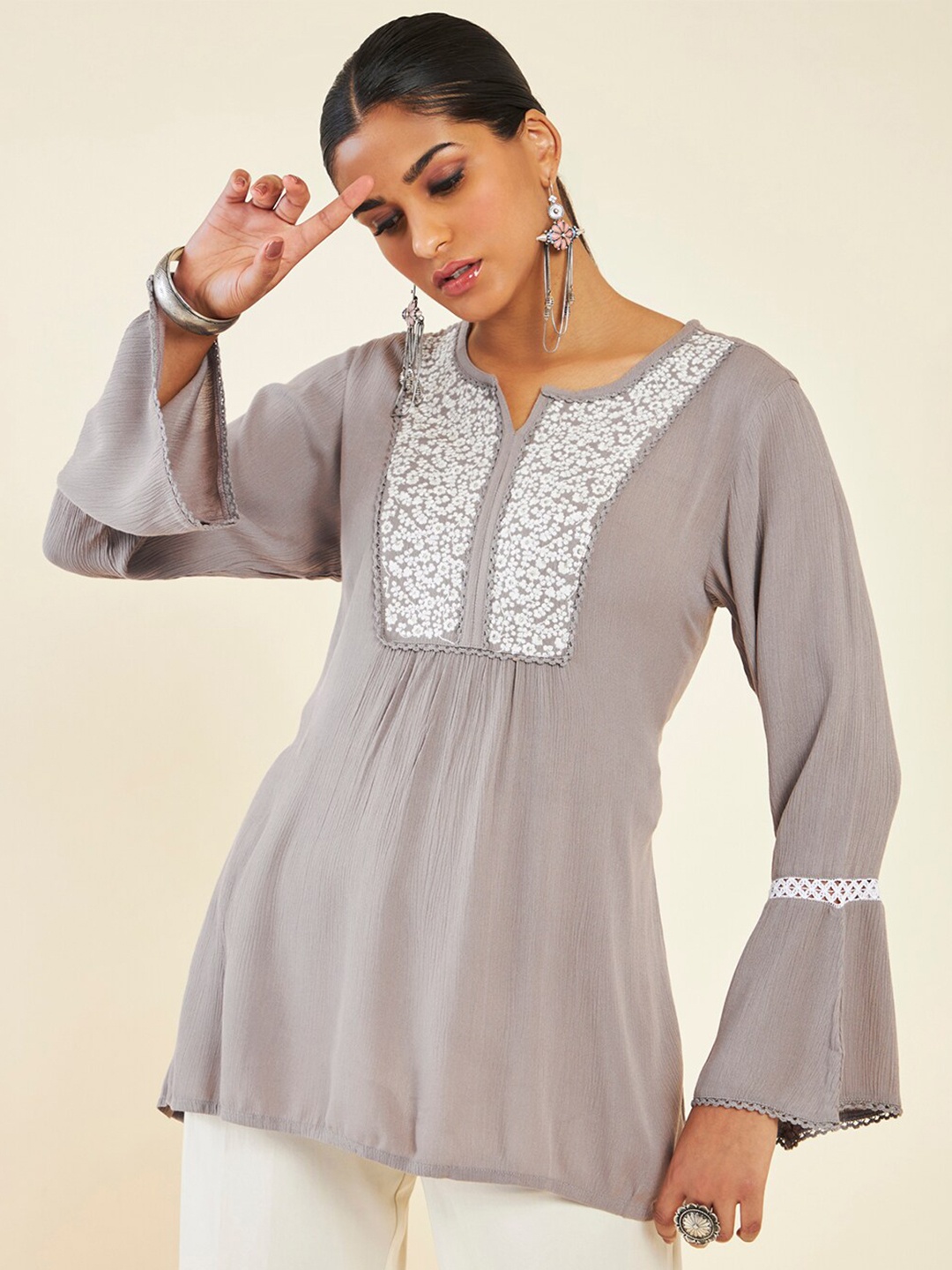 

Soch Floral Embroidered Notched Neck Bell Sleeves Tunic, Grey