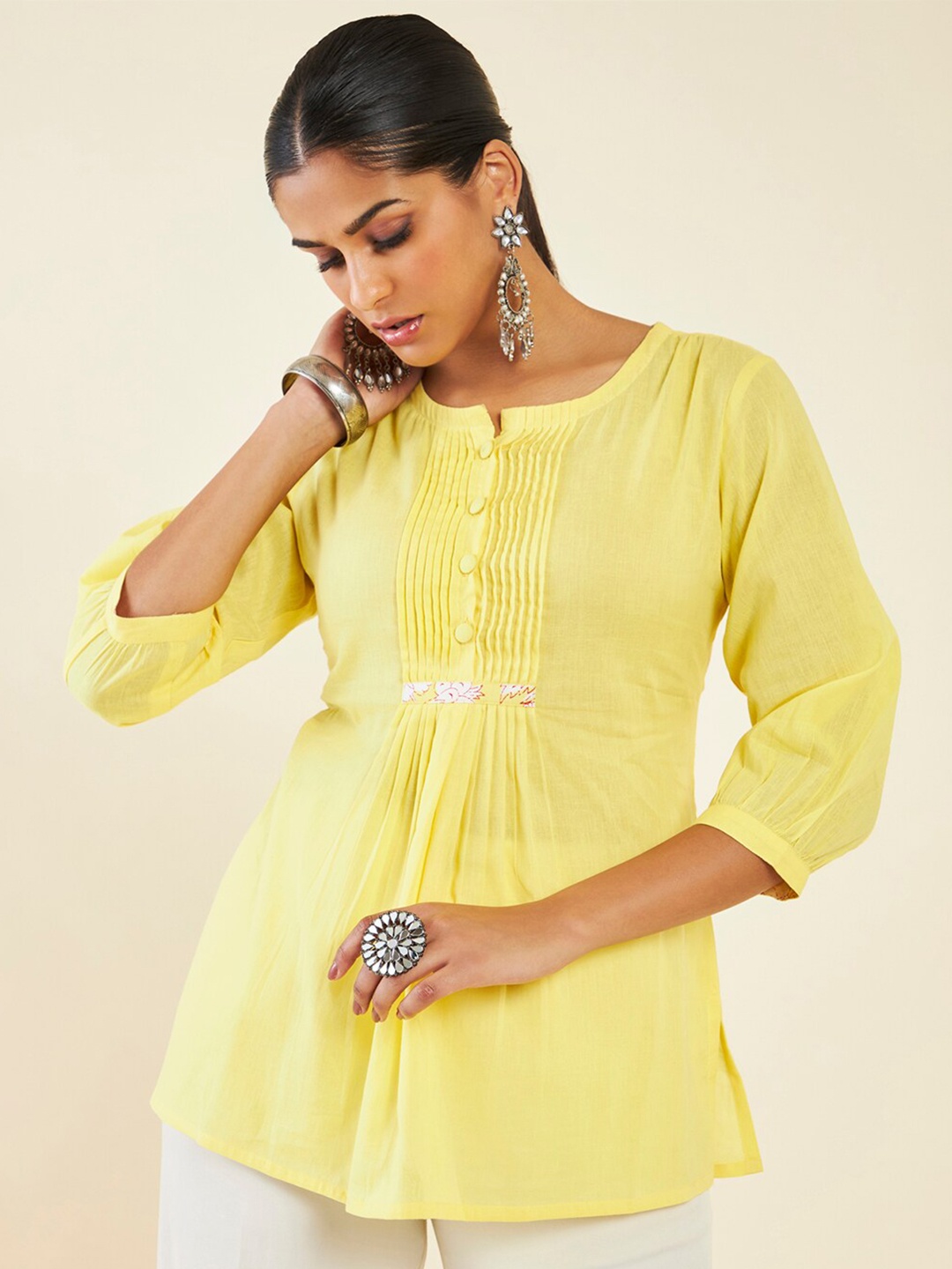

Soch Notched Neck Cuffed Sleeves Cotton Tunic, Yellow