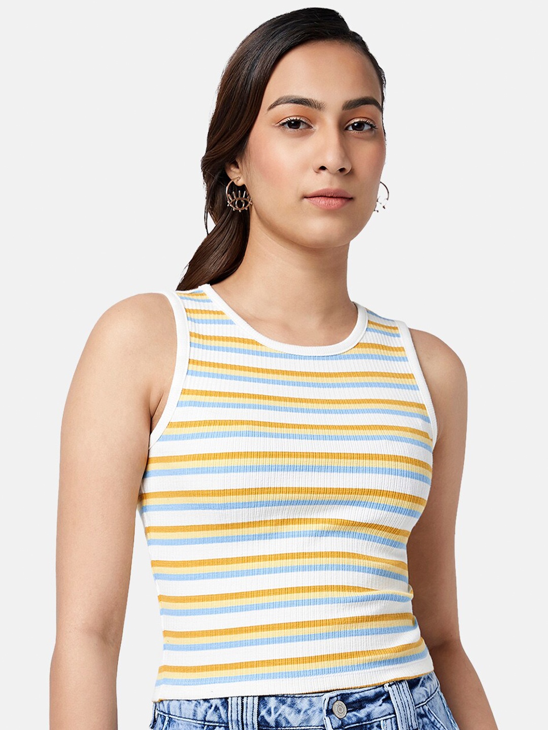 

People Horizontal Striped Sleeveless Cotton Fitted Crop Top, Off white