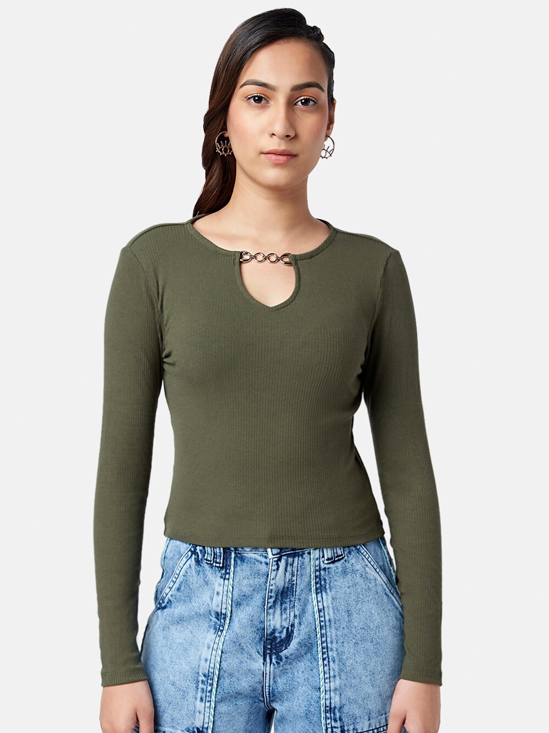 

People Keyhole Neck Long Sleeves Top, Olive