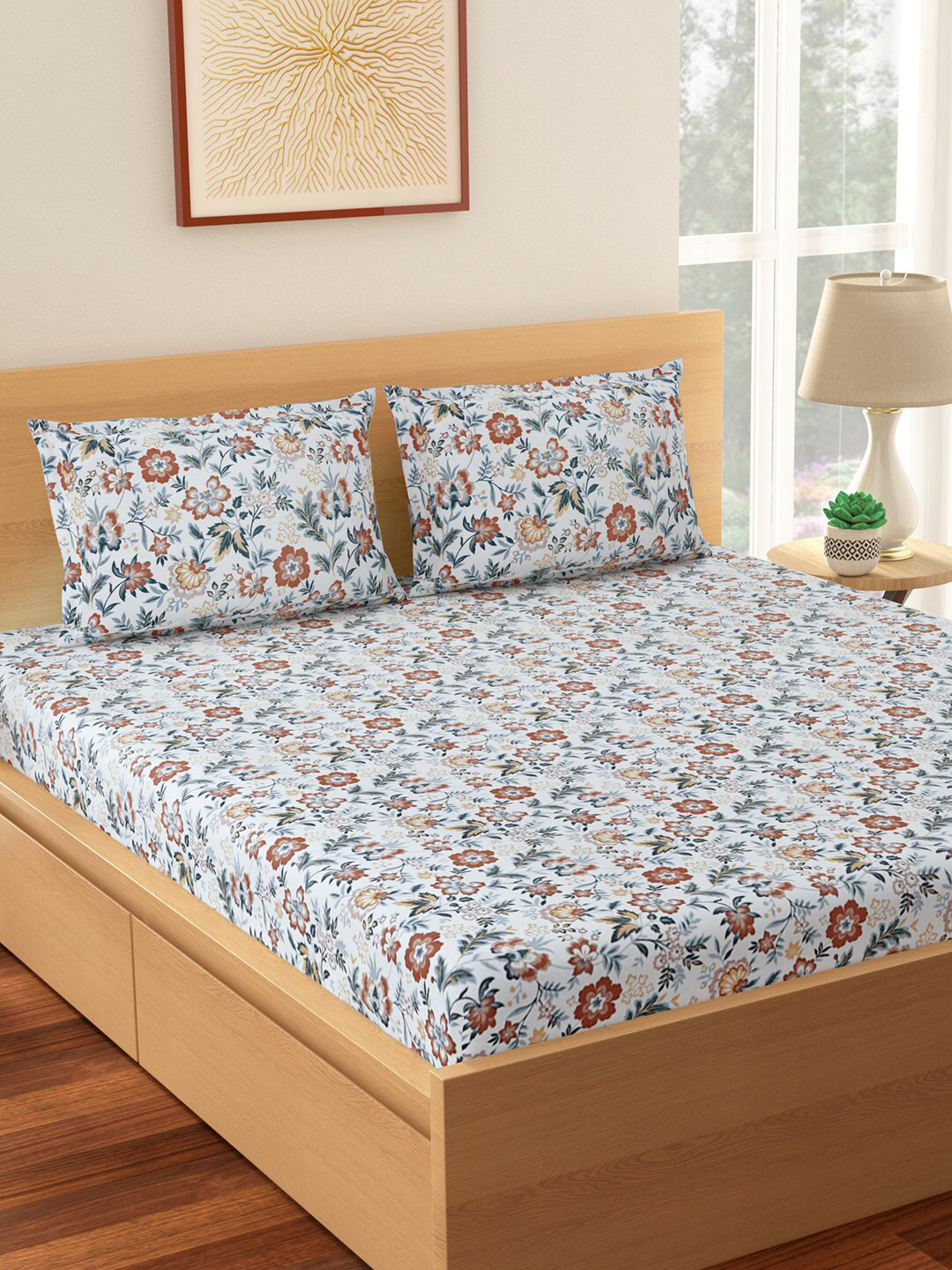 

Living scapes by Pantaloons White & Brown 144 TC Cotton King Bedsheet With 2 Pillow Covers