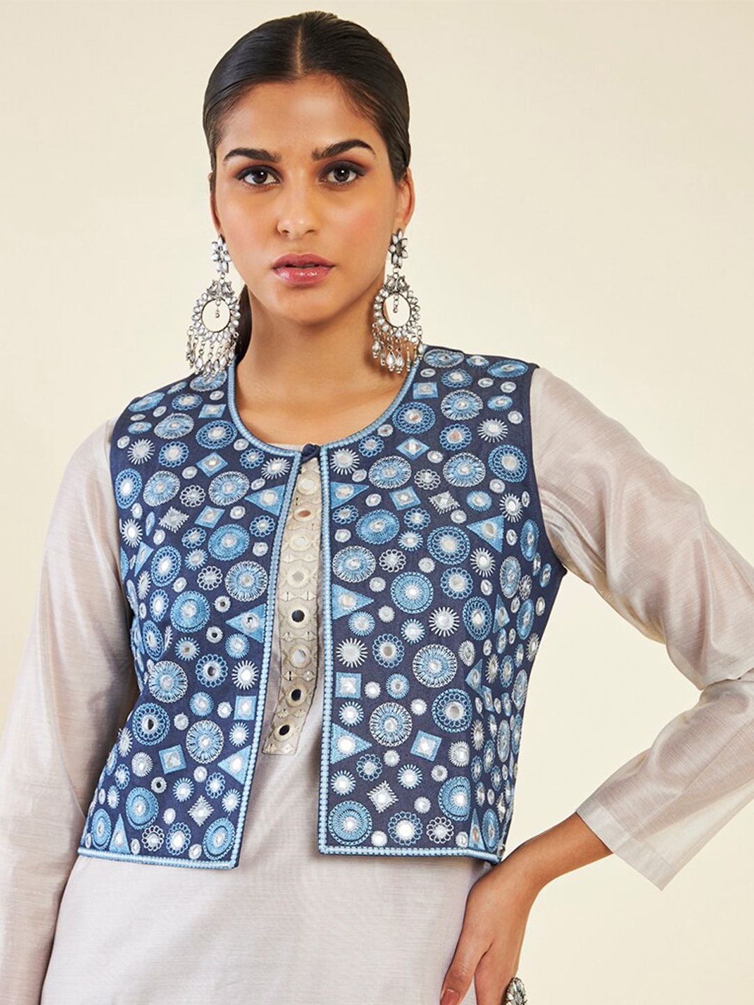 

Soch Ethnic Printed Crop Waistcoat with Mirror Work, Blue