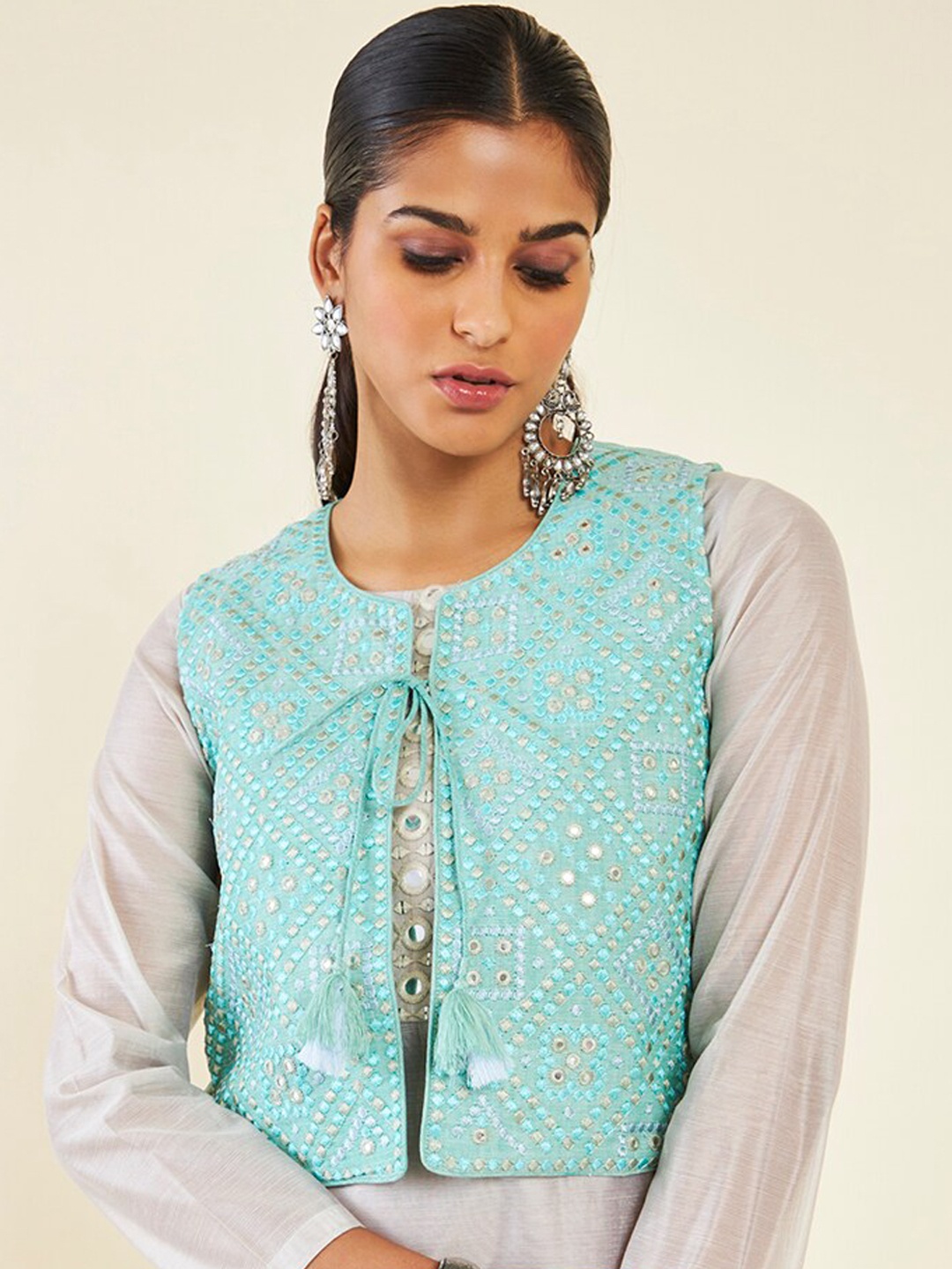 

Soch Ethnic Printed Crop Waistcoat with Mirror Work, Green