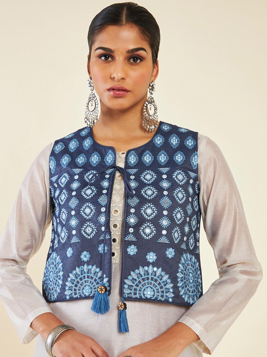 

Soch Ethnic Motif Printed Crop Waist Coat, Navy blue