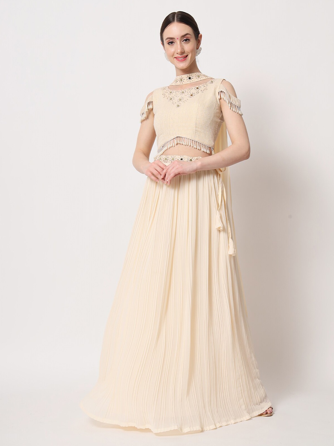 

ODETTE Embroidered Semi-Stitched Lehenga & Unstitched Blouse With Dupatta, Beige