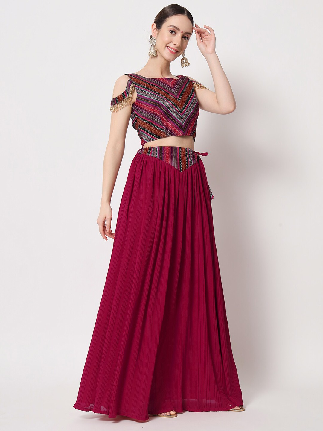 ODETTE Printed Thread Work Semi-Stitched Lehenga & Unstitched Blouse With Dupatta, Magenta