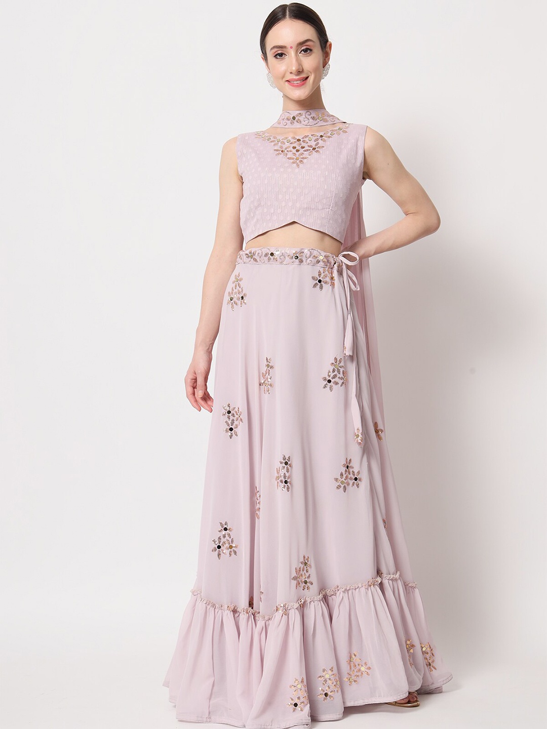 

ODETTE Embroidered Mirror Work Semi-Stitched Lehenga & Unstitched Blouse With Dupatta, Pink