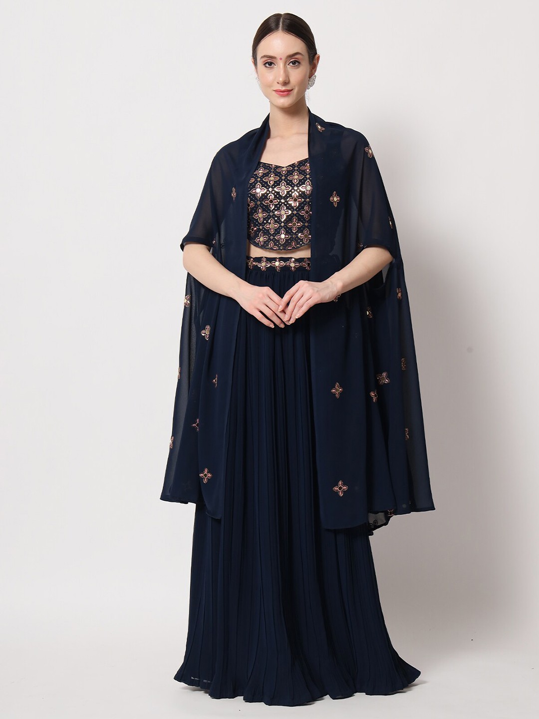 

ODETTE Embroidered Mirror Work Semi-Stitched Lehenga & Unstitched Blouse With Dupatta, Navy blue