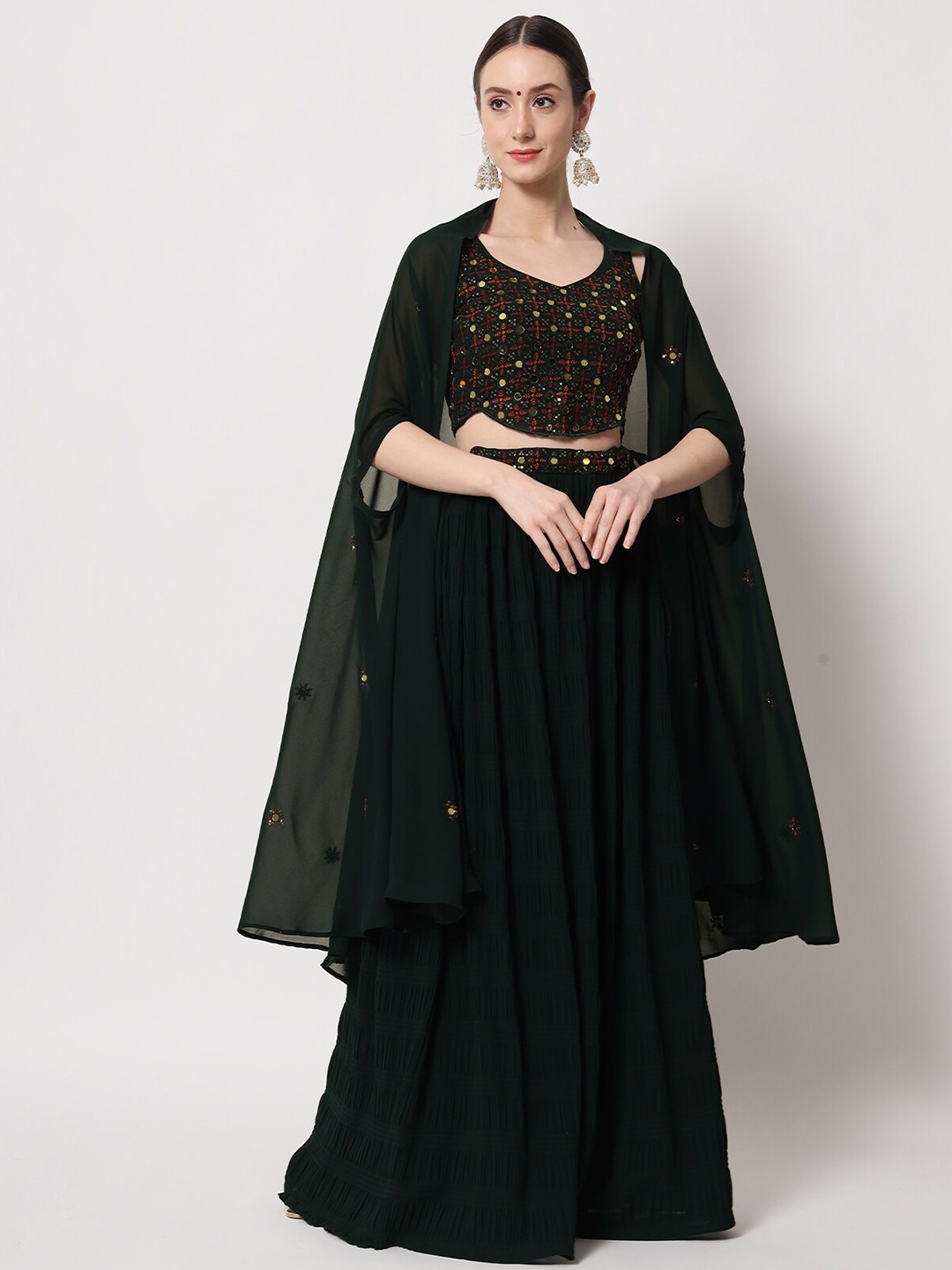 

ODETTE Embroidered Mirror Work Semi-Stitched Lehenga & Unstitched Blouse With Dupatta, Green