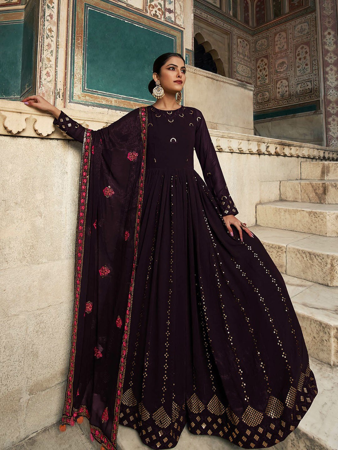 

ODETTE Embellished Sequinned Georgette Anarkali Kurta With Dupatta, Burgundy