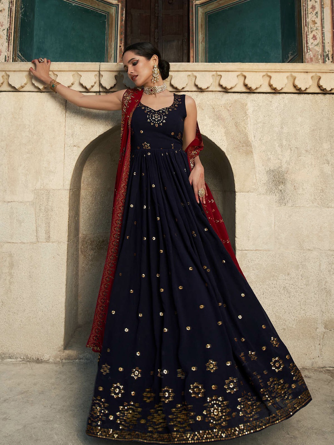 

ODETTE Embellished Sequinned Sweetheart Neck Georgette Anarkali Kurta With Dupatta, Navy blue