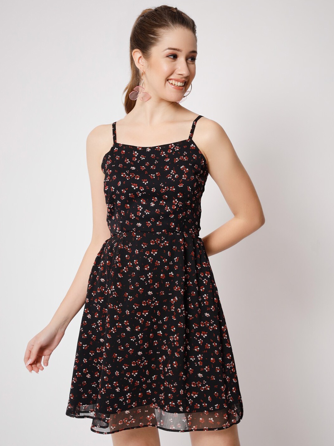 

CHARMGAL Floral Print Georgette Fit & Flare Dress, Black