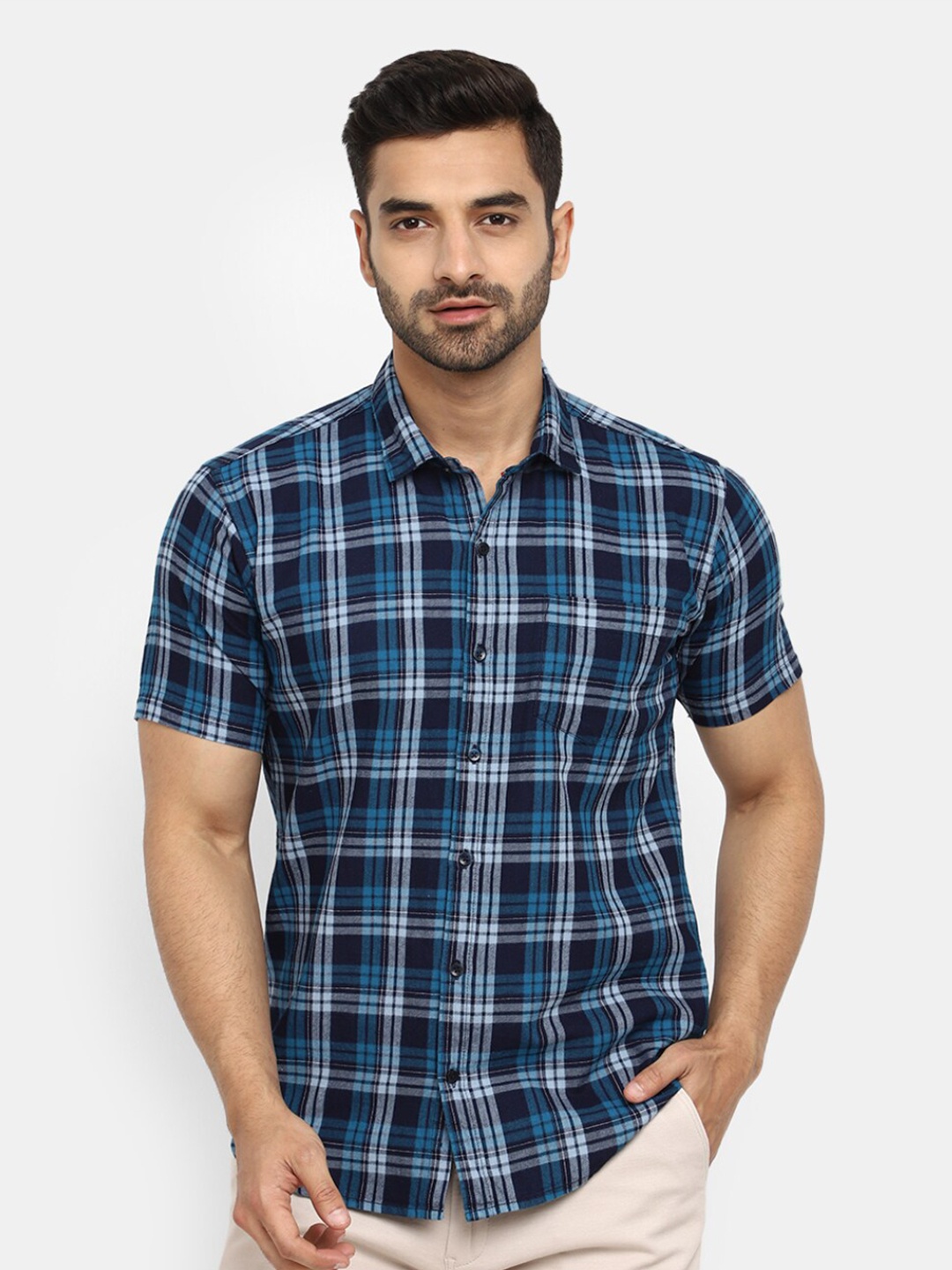 

V-Mart Classic Slim Fit Tartan Checked Cotton Casual Shirt, Navy blue