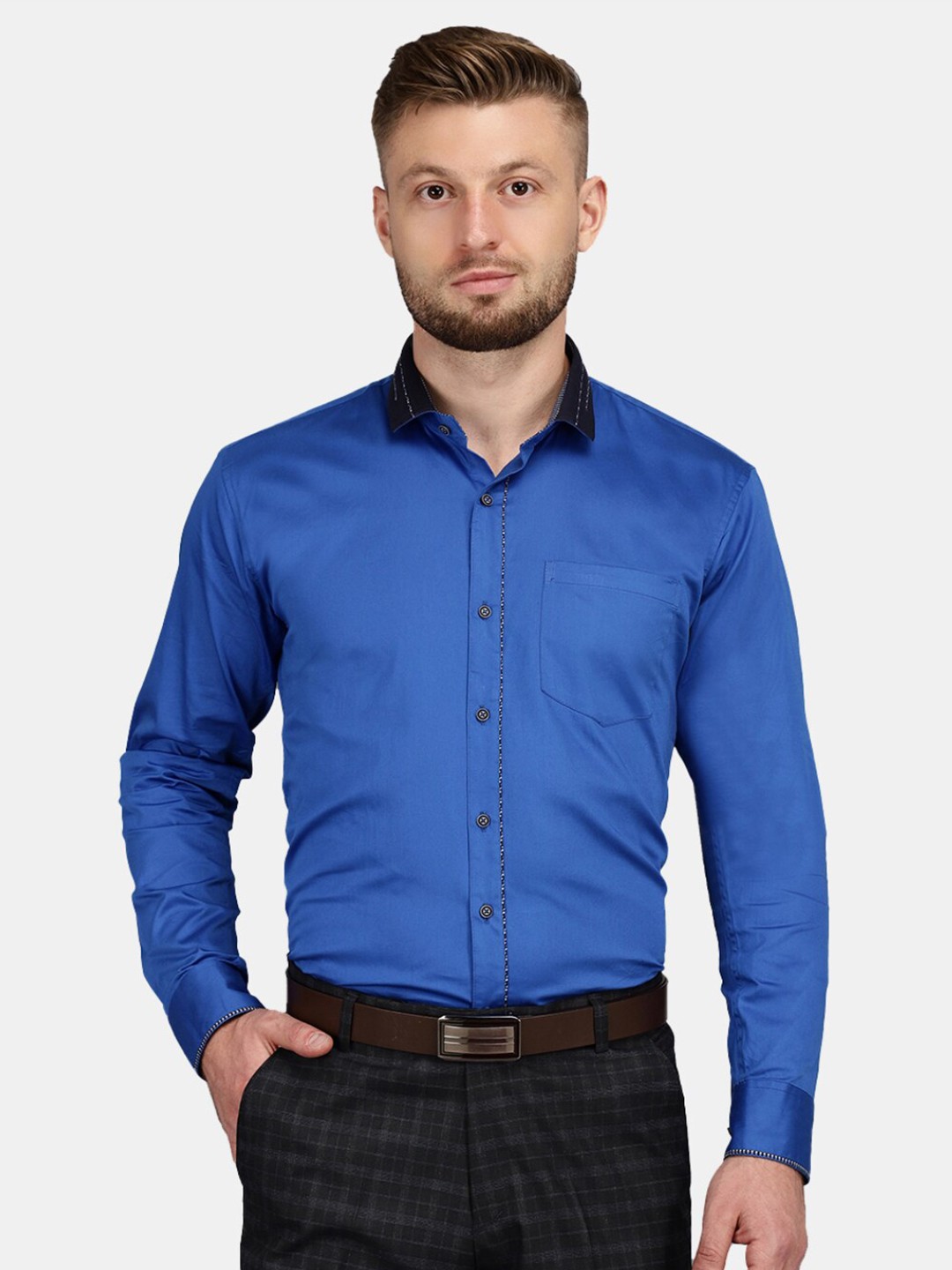 

V-Mart Classic Spread Collar Satin Party Shirt, Blue